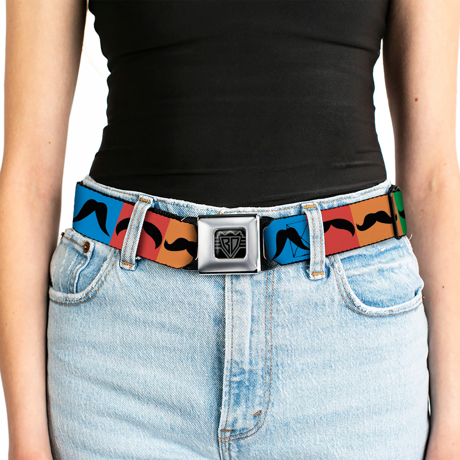 BD Wings Logo CLOSE-UP Full Color Black Silver Seatbelt Belt - Mustaches Multi Color Blocks/Black Webbing Seatbelt Belts Buckle-Down
