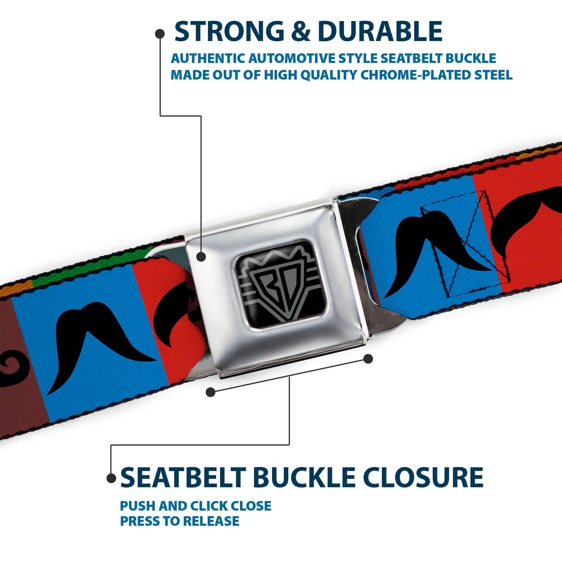 BD Wings Logo CLOSE-UP Full Color Black Silver Seatbelt Belt - Mustaches Multi Color Blocks/Black Webbing Seatbelt Belts Buckle-Down