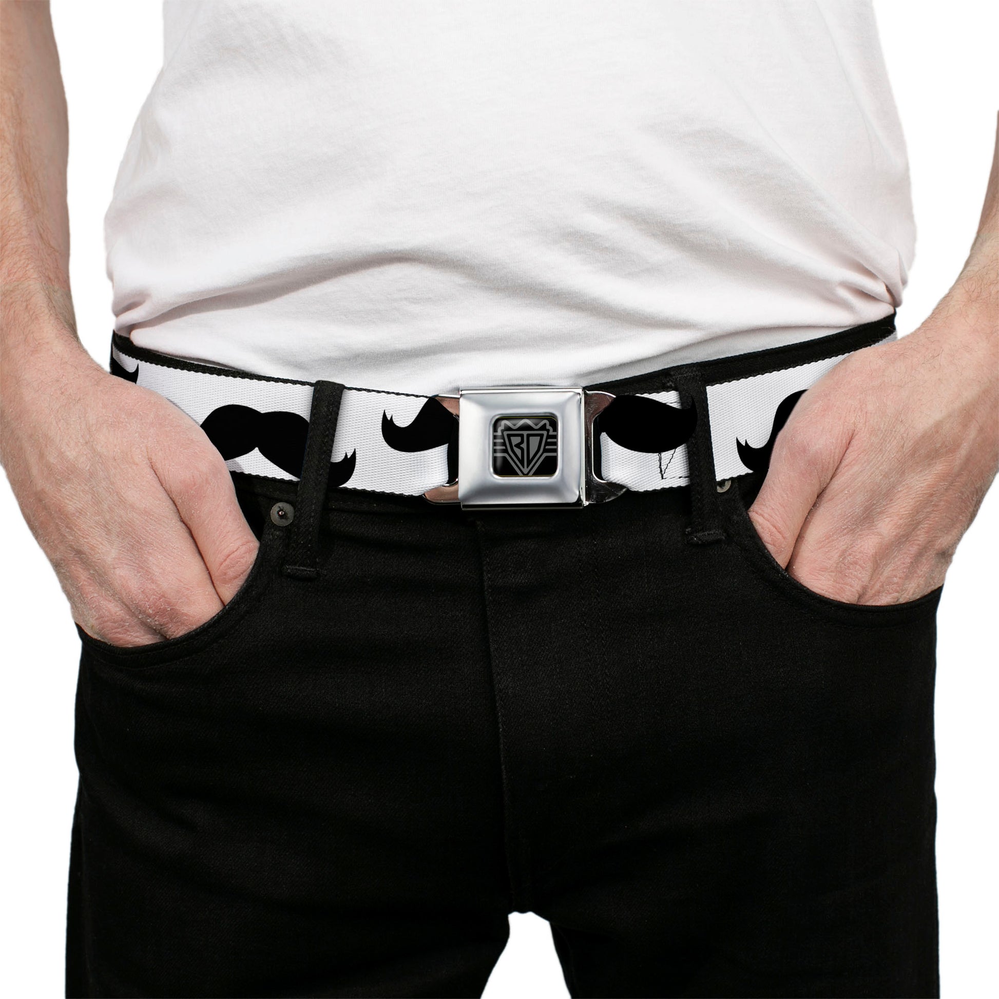 BD Wings Logo CLOSE-UP Full Color Black Silver Seatbelt Belt - Mustaches White/Black Webbing Seatbelt Belts Buckle-Down