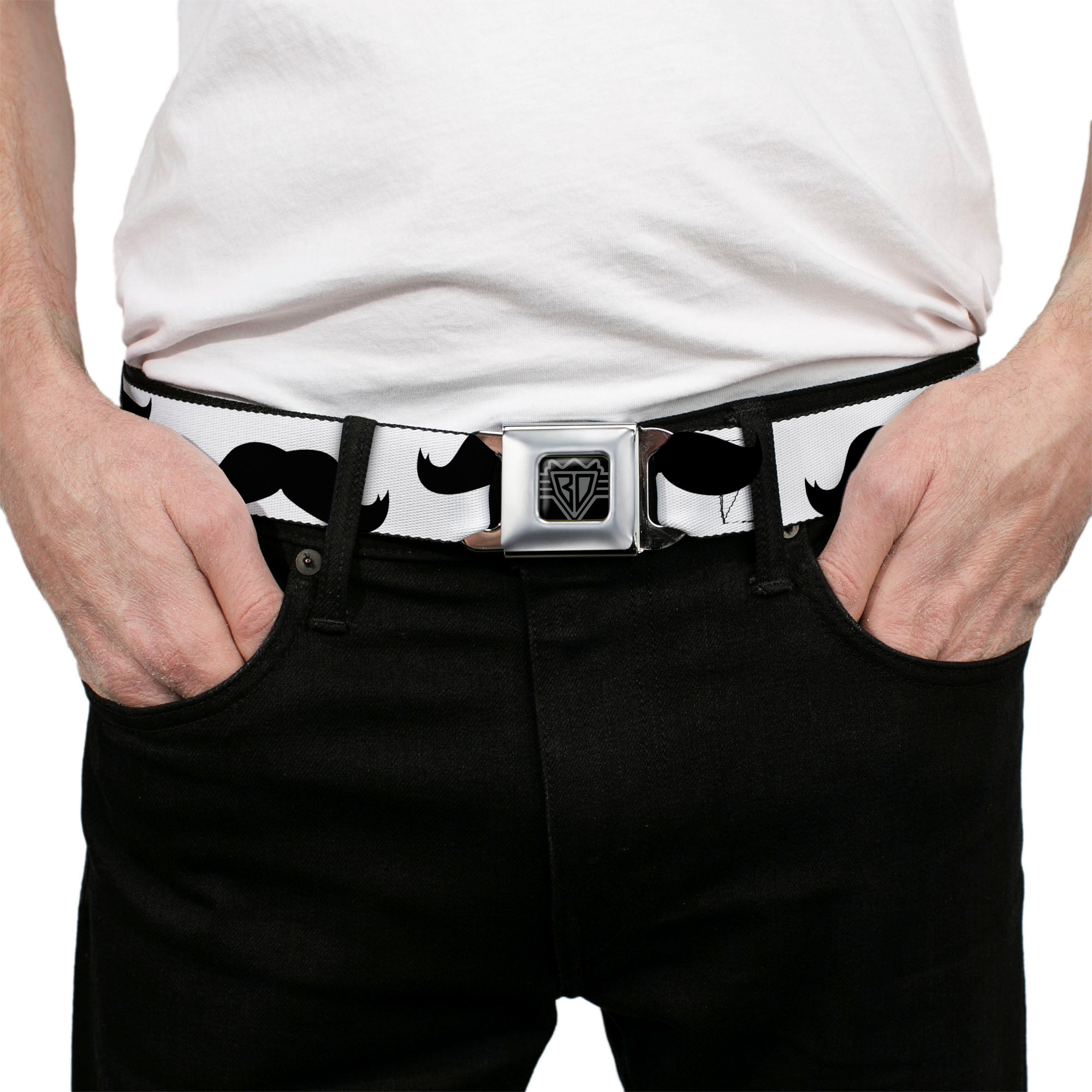 BD Wings Logo CLOSE-UP Full Color Black Silver Seatbelt Belt - Mustaches White/Black Webbing Seatbelt Belts Buckle-Down