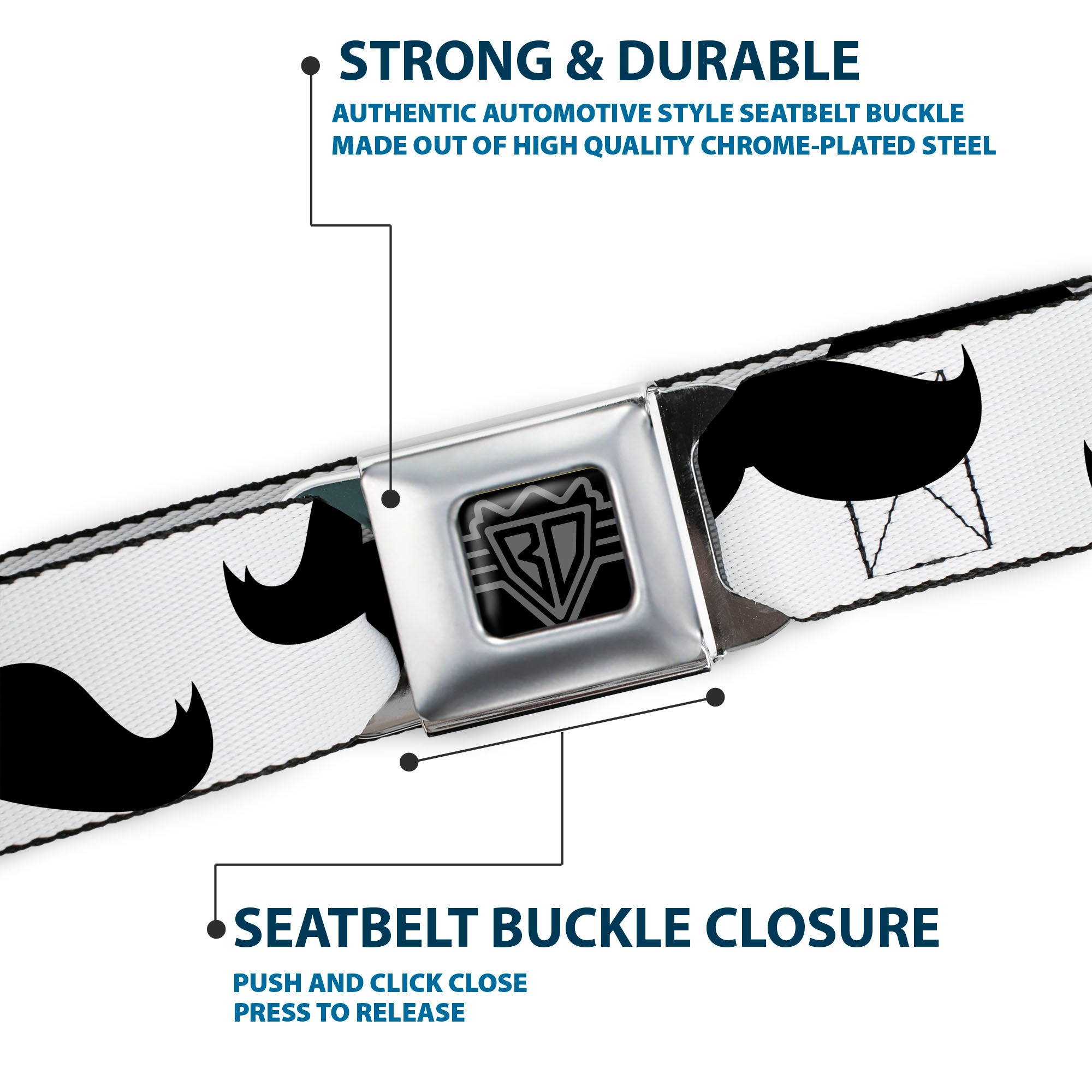 BD Wings Logo CLOSE-UP Full Color Black Silver Seatbelt Belt - Mustaches White/Black Webbing Seatbelt Belts Buckle-Down