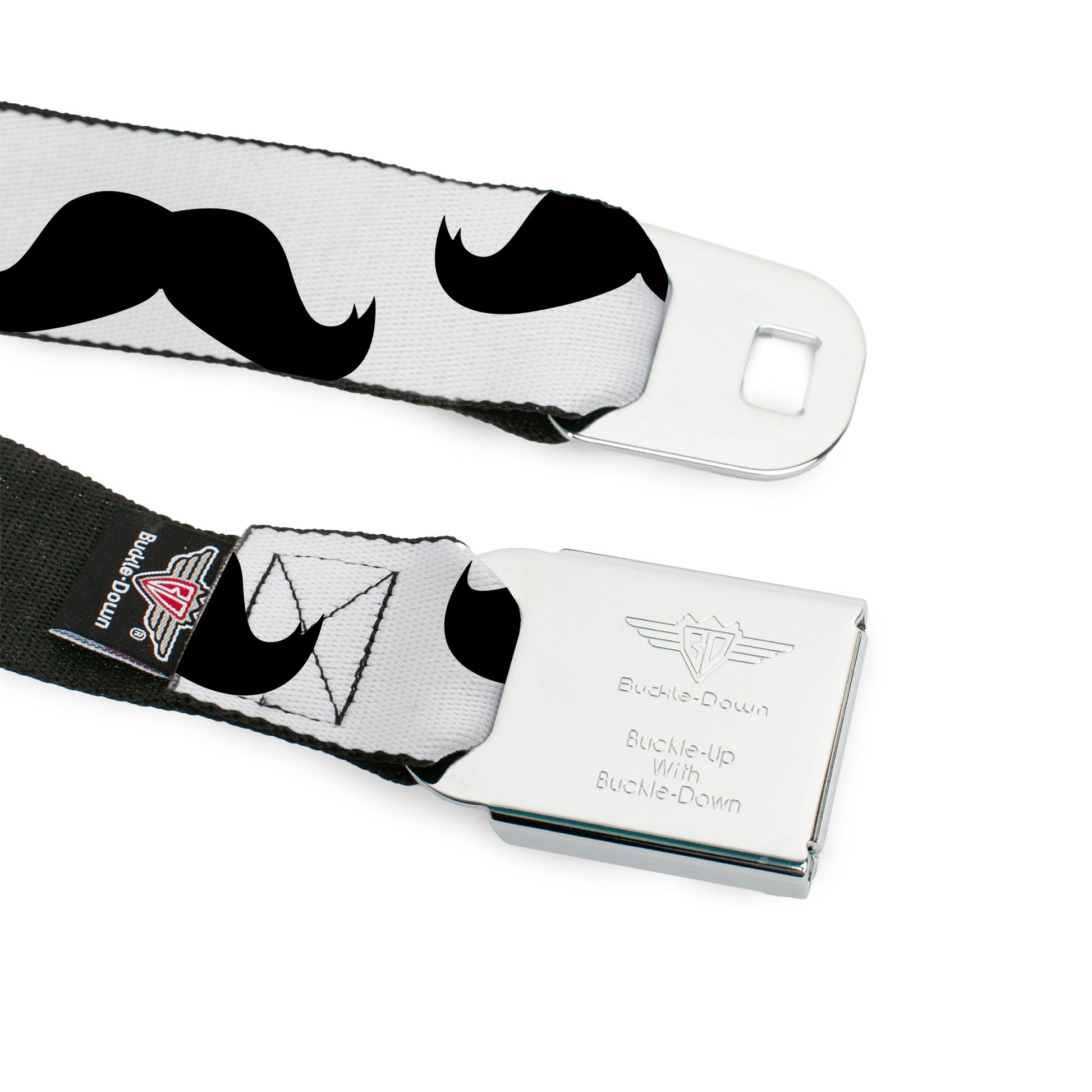 BD Wings Logo CLOSE-UP Full Color Black Silver Seatbelt Belt - Mustaches White/Black Webbing Seatbelt Belts Buckle-Down