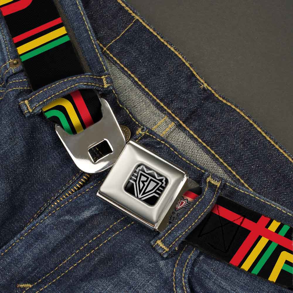 BD Wings Logo CLOSE-UP Full Color Black Silver Seatbelt Belt - Maze Lines Black/Rasta Webbing Seatbelt Belts Buckle-Down