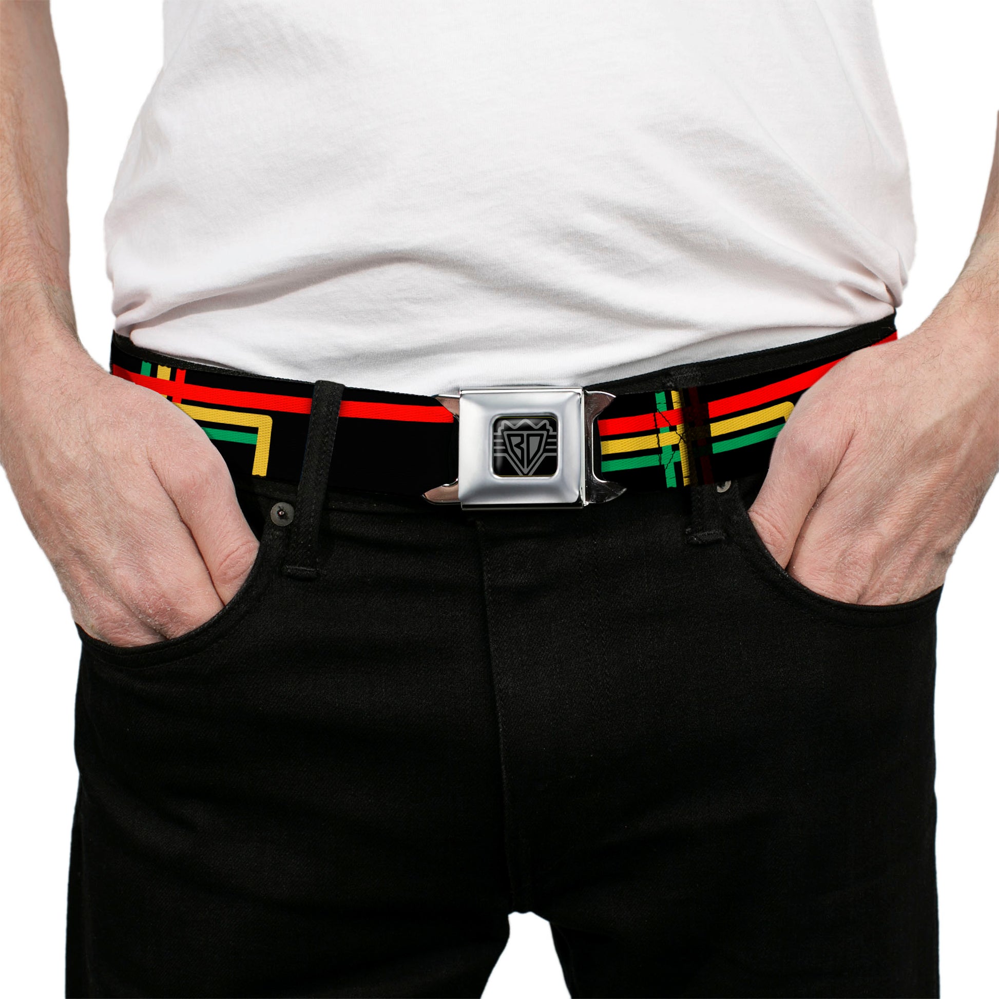 BD Wings Logo CLOSE-UP Full Color Black Silver Seatbelt Belt - Maze Lines Black/Rasta Webbing Seatbelt Belts Buckle-Down