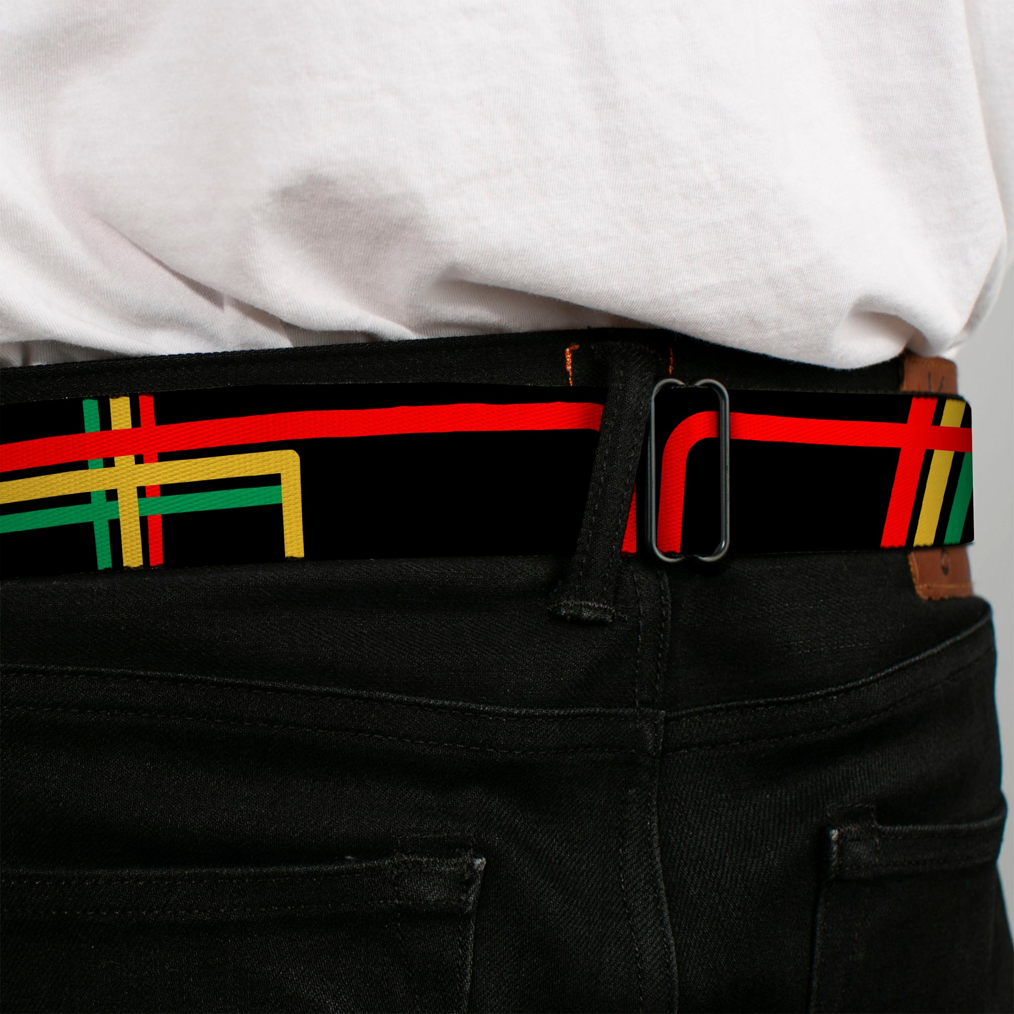 BD Wings Logo CLOSE-UP Full Color Black Silver Seatbelt Belt - Maze Lines Black/Rasta Webbing Seatbelt Belts Buckle-Down