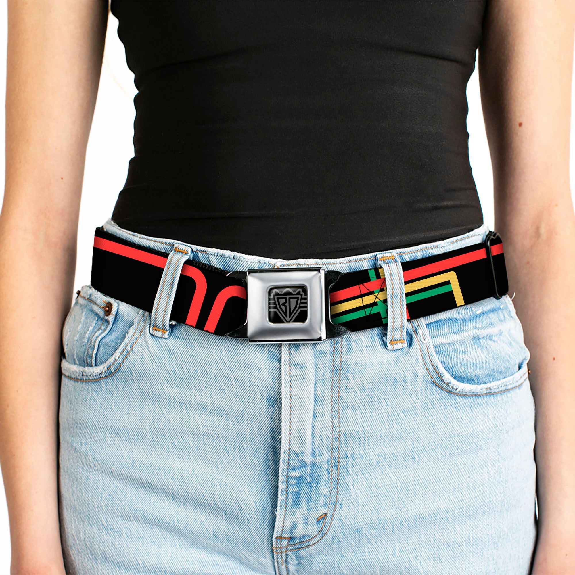 BD Wings Logo CLOSE-UP Full Color Black Silver Seatbelt Belt - Maze Lines Black/Rasta Webbing Seatbelt Belts Buckle-Down