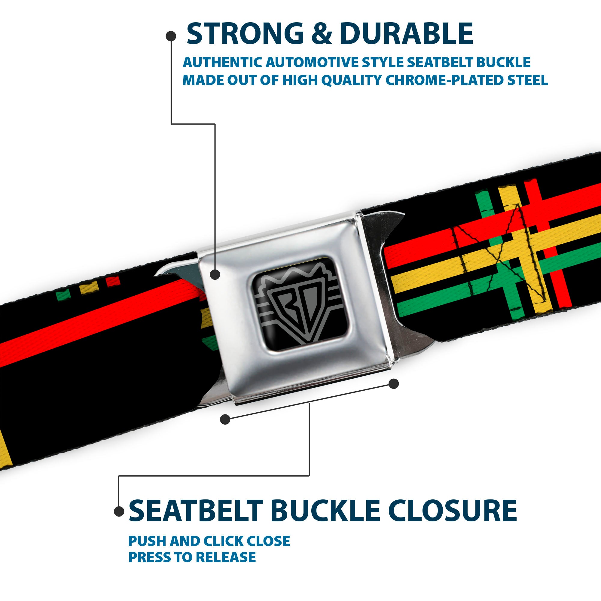BD Wings Logo CLOSE-UP Full Color Black Silver Seatbelt Belt - Maze Lines Black/Rasta Webbing Seatbelt Belts Buckle-Down