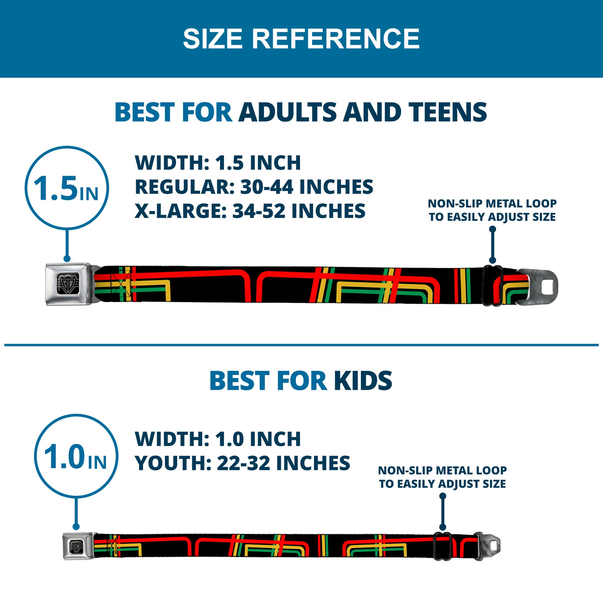 BD Wings Logo CLOSE-UP Full Color Black Silver Seatbelt Belt - Maze Lines Black/Rasta Webbing Seatbelt Belts Buckle-Down