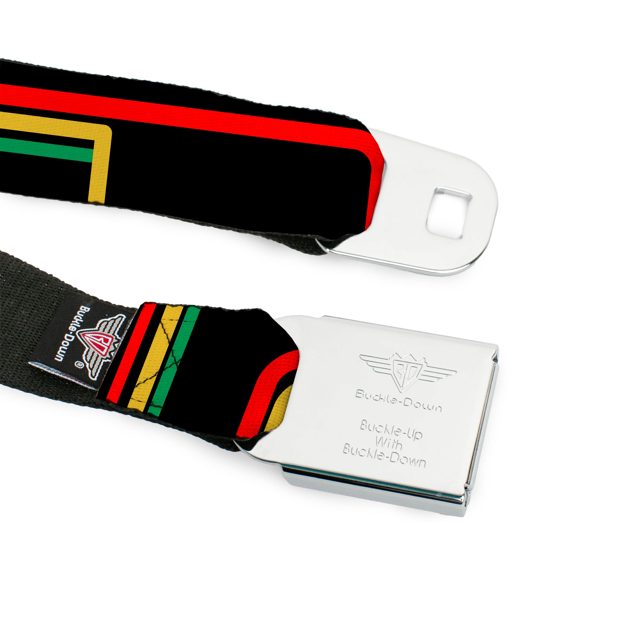 BD Wings Logo CLOSE-UP Full Color Black Silver Seatbelt Belt - Maze Lines Black/Rasta Webbing Seatbelt Belts Buckle-Down