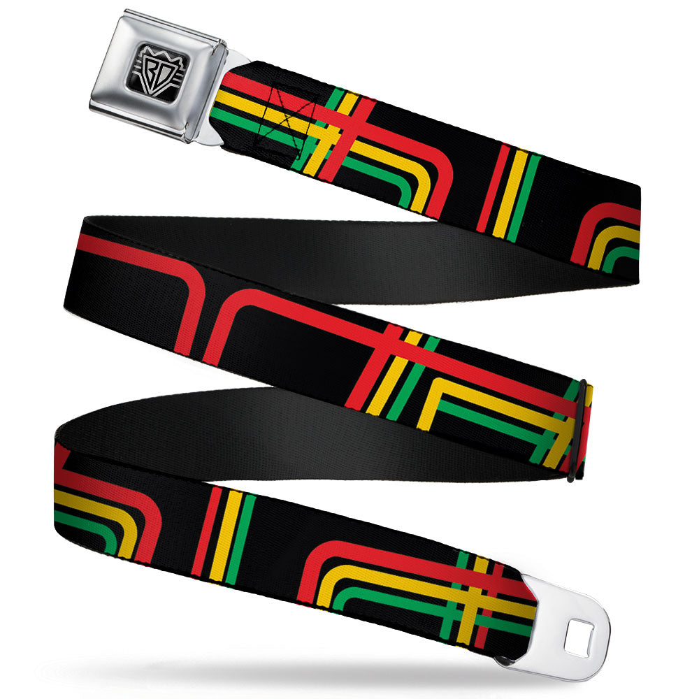 BD Wings Logo CLOSE-UP Full Color Black Silver Seatbelt Belt - Maze Lines Black/Rasta Webbing Seatbelt Belts Buckle-Down