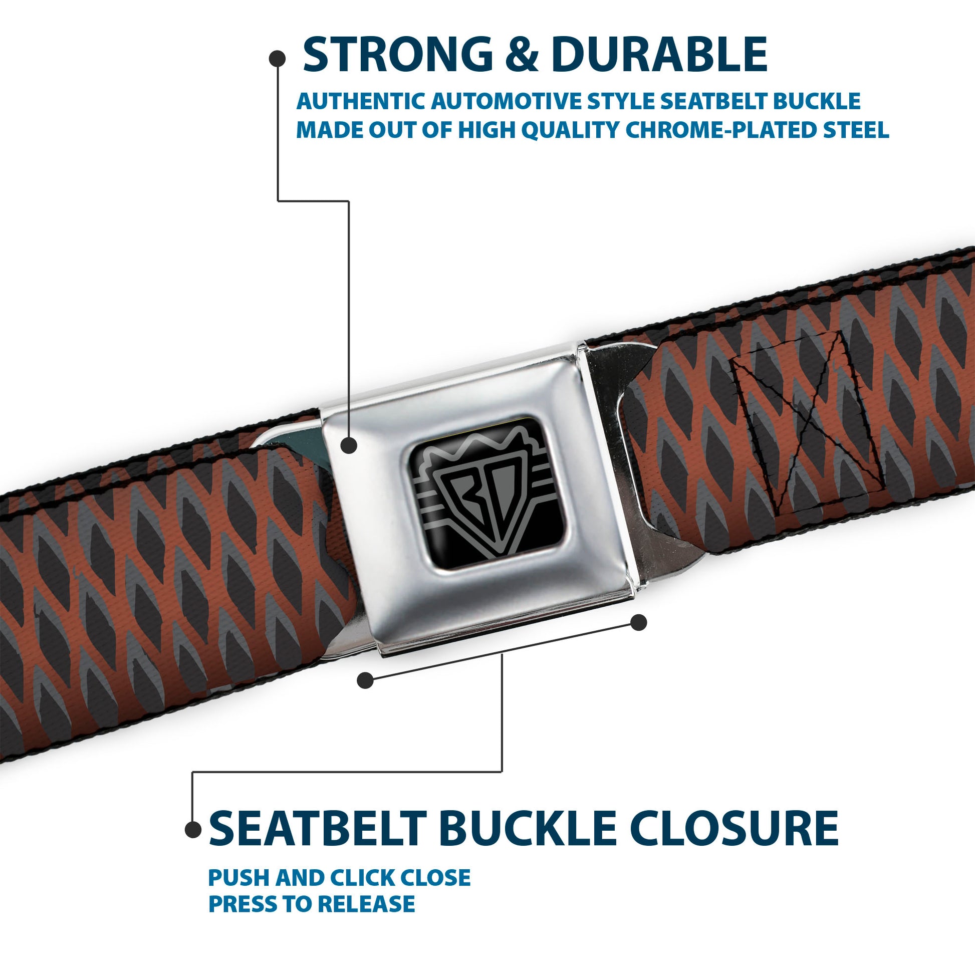 BD Wings Logo CLOSE-UP Full Color Black Silver Seatbelt Belt - Mesh Black/Brown Webbing Seatbelt Belts Buckle-Down
