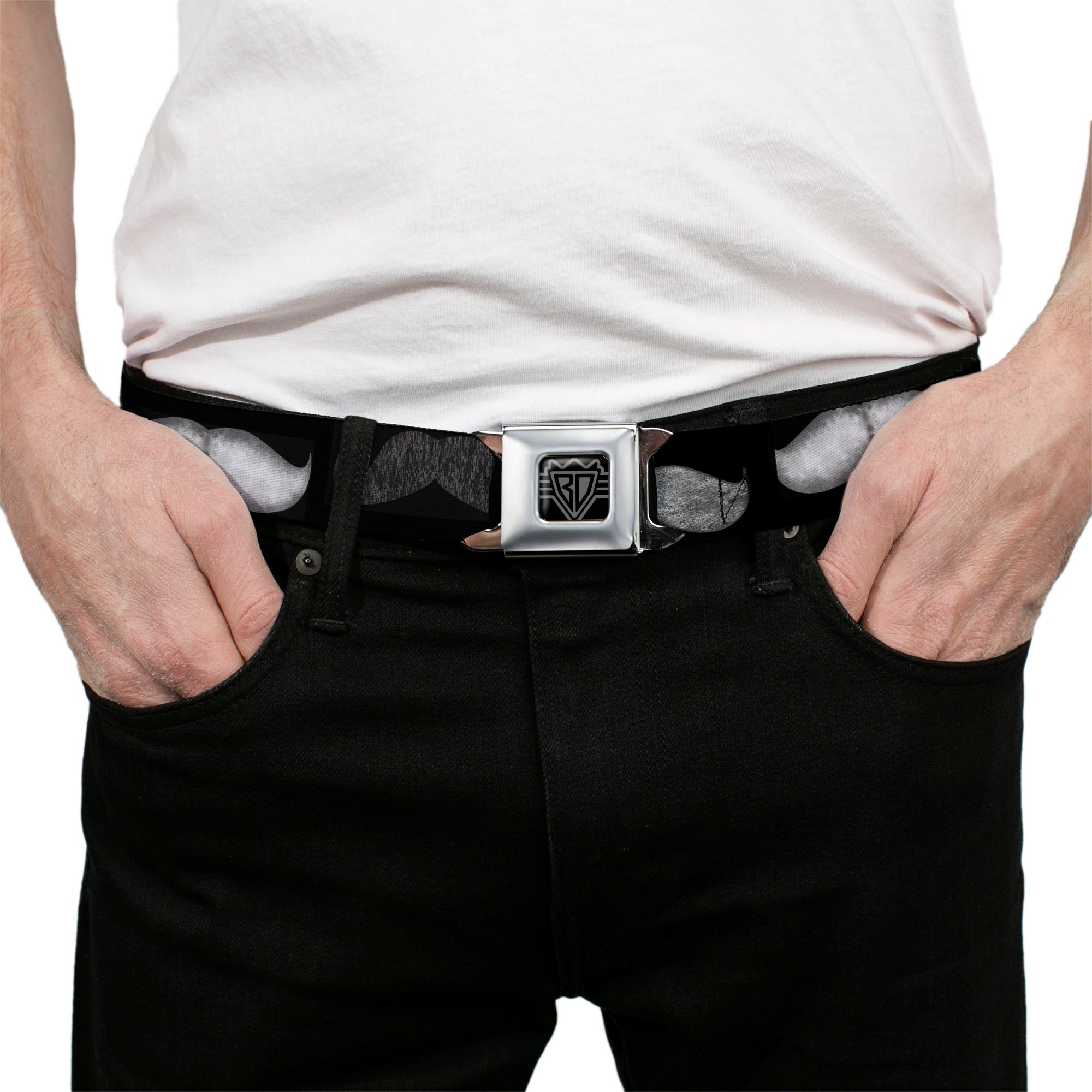 BD Wings Logo CLOSE-UP Full Color Black Silver Seatbelt Belt - Mustaches Black/Sketch Webbing Seatbelt Belts Buckle-Down