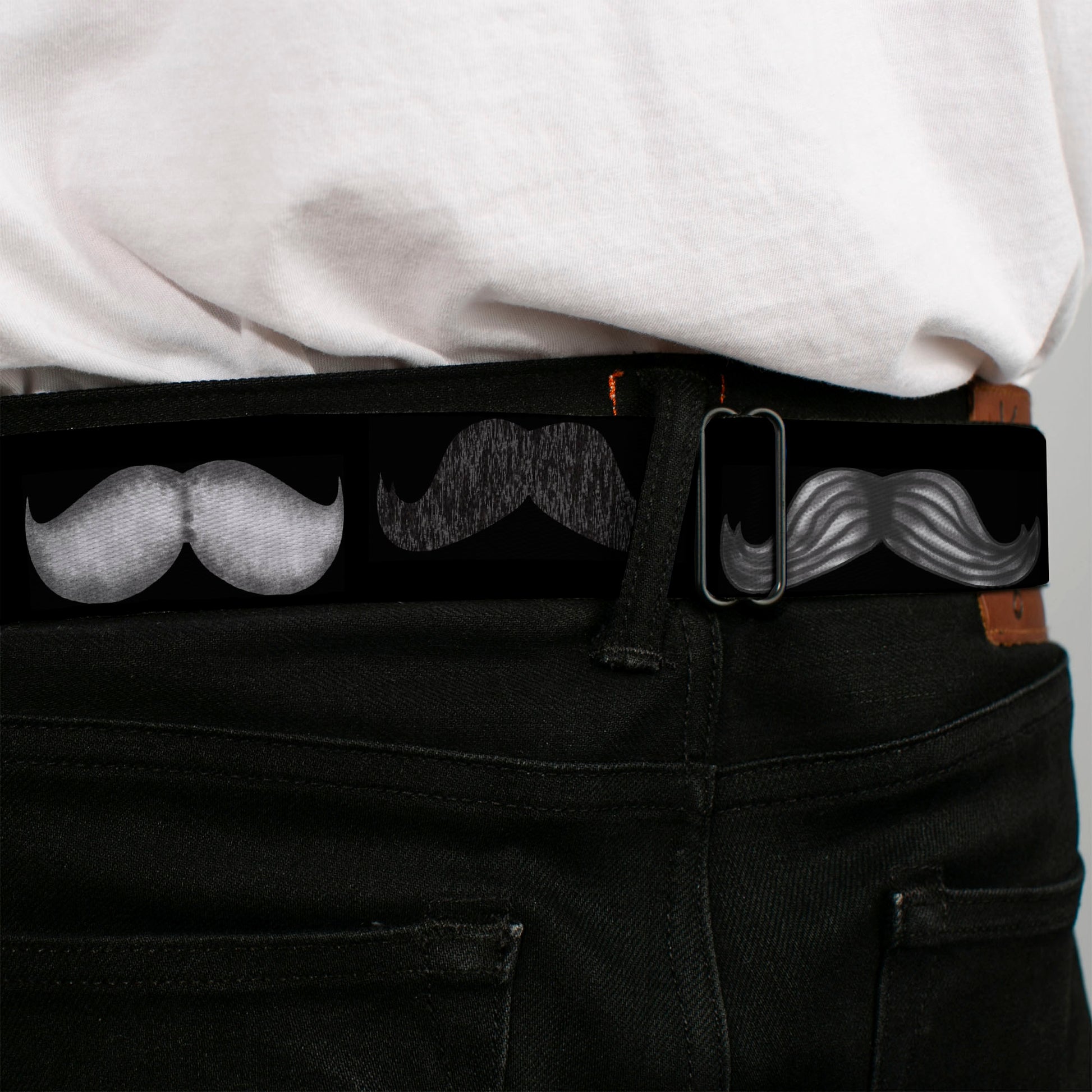 BD Wings Logo CLOSE-UP Full Color Black Silver Seatbelt Belt - Mustaches Black/Sketch Webbing Seatbelt Belts Buckle-Down