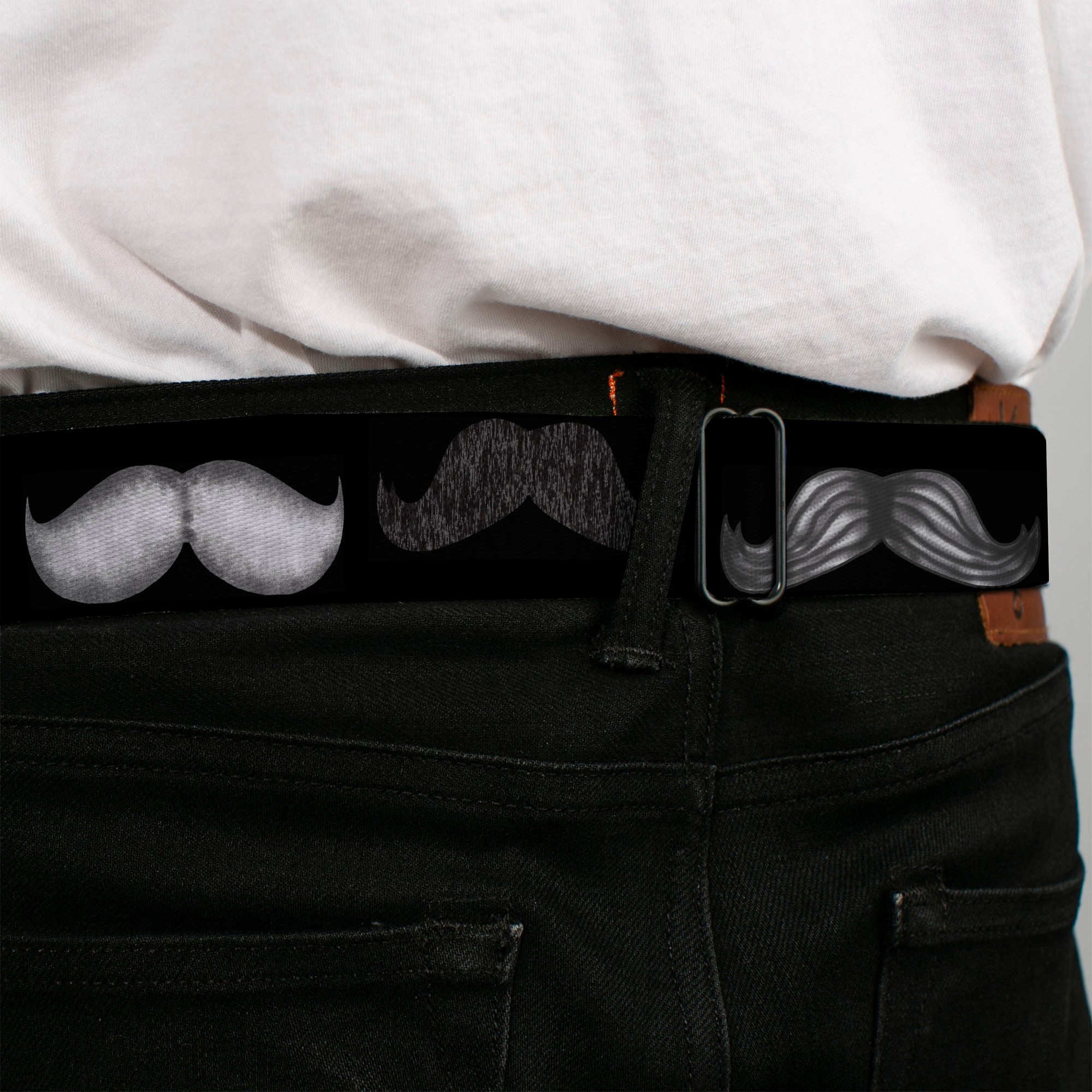 BD Wings Logo CLOSE-UP Full Color Black Silver Seatbelt Belt - Mustaches Black/Sketch Webbing Seatbelt Belts Buckle-Down