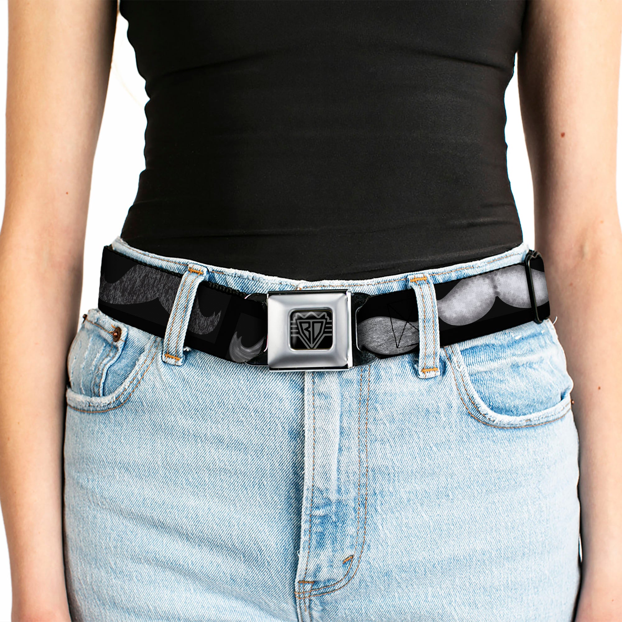 BD Wings Logo CLOSE-UP Full Color Black Silver Seatbelt Belt - Mustaches Black/Sketch Webbing Seatbelt Belts Buckle-Down