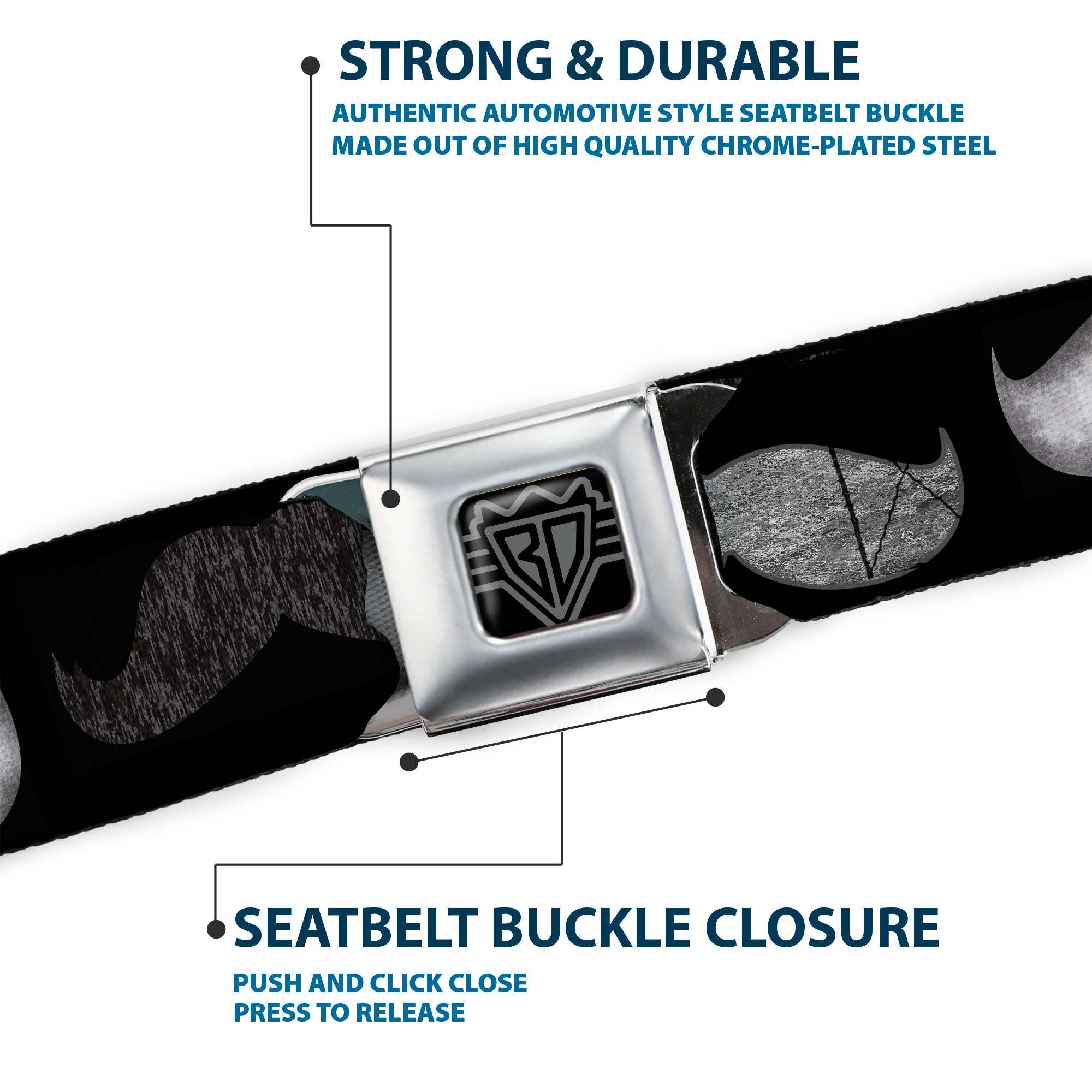 BD Wings Logo CLOSE-UP Full Color Black Silver Seatbelt Belt - Mustaches Black/Sketch Webbing Seatbelt Belts Buckle-Down