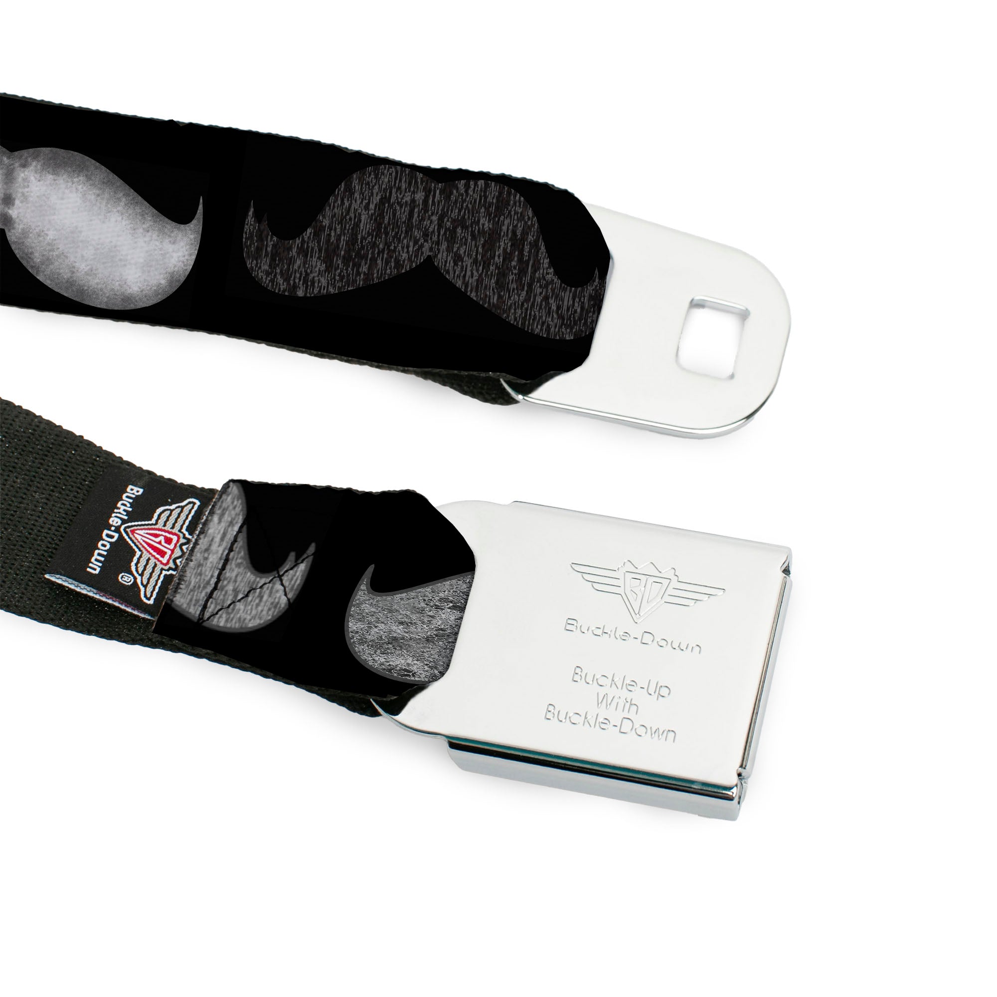 BD Wings Logo CLOSE-UP Full Color Black Silver Seatbelt Belt - Mustaches Black/Sketch Webbing Seatbelt Belts Buckle-Down
