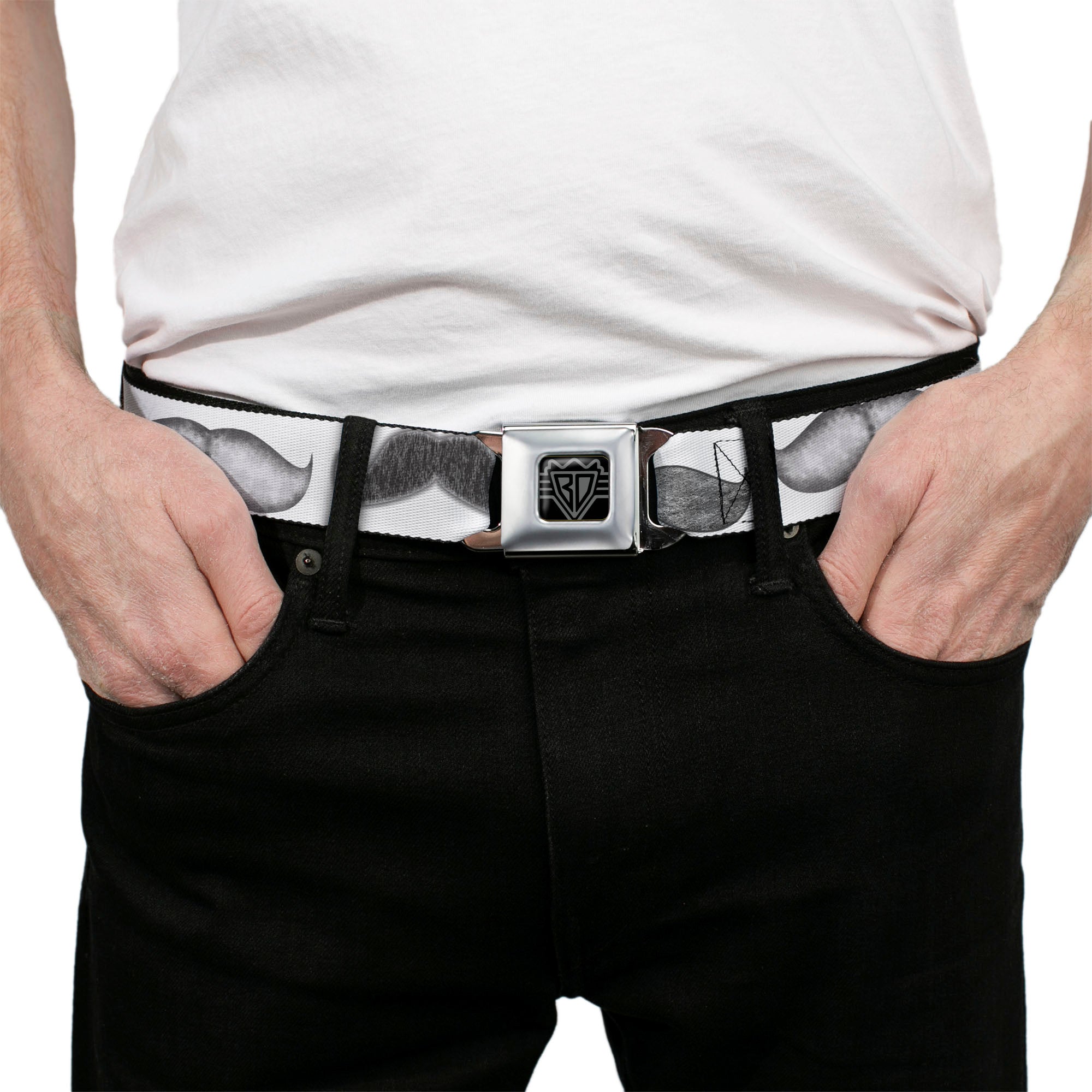 BD Wings Logo CLOSE-UP Full Color Black Silver Seatbelt Belt - Mustaches White/Sketch Webbing Seatbelt Belts Buckle-Down