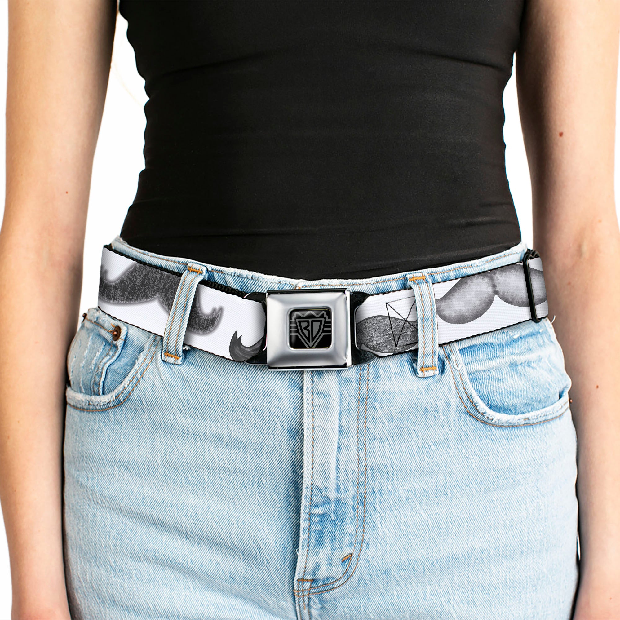 BD Wings Logo CLOSE-UP Full Color Black Silver Seatbelt Belt - Mustaches White/Sketch Webbing Seatbelt Belts Buckle-Down