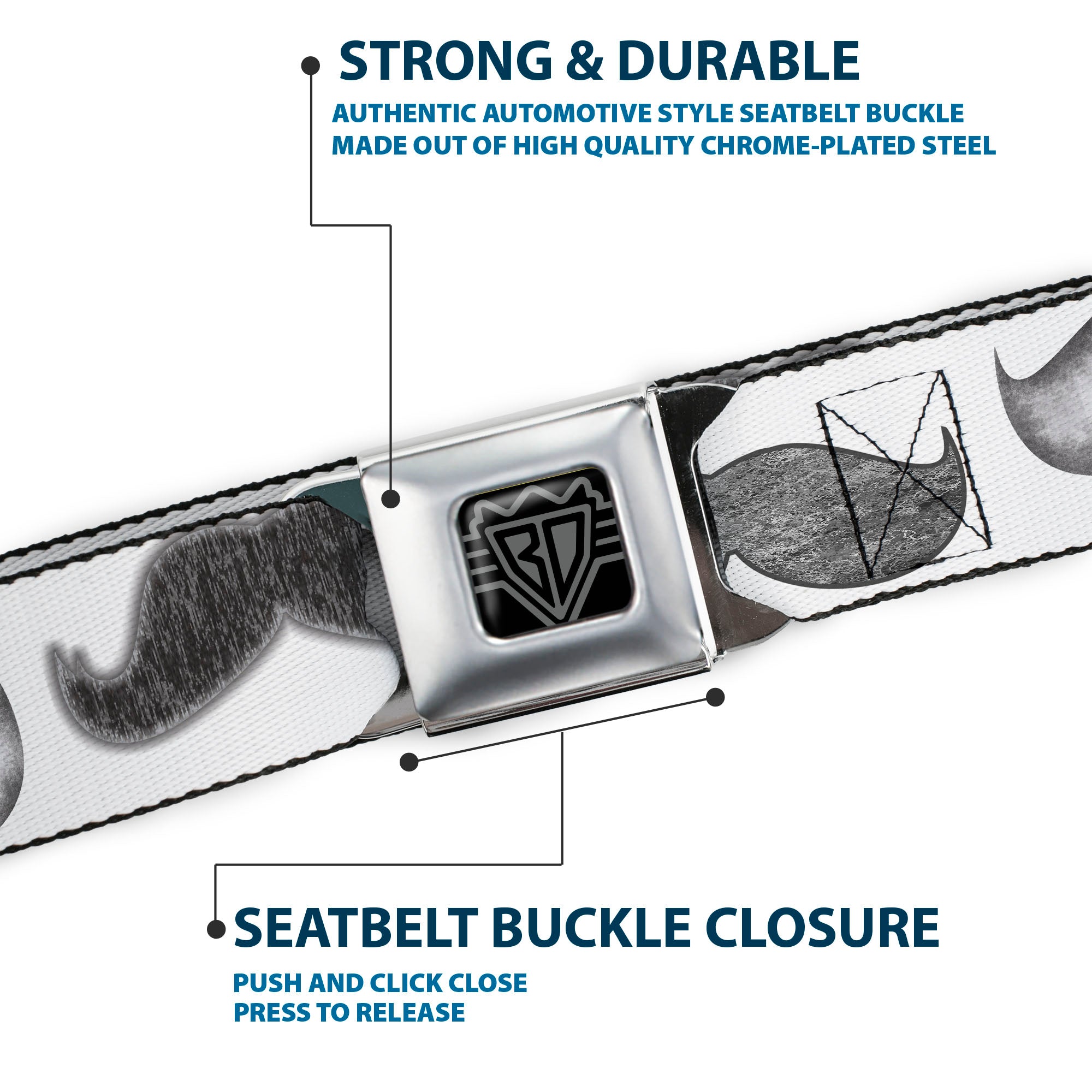 BD Wings Logo CLOSE-UP Full Color Black Silver Seatbelt Belt - Mustaches White/Sketch Webbing Seatbelt Belts Buckle-Down