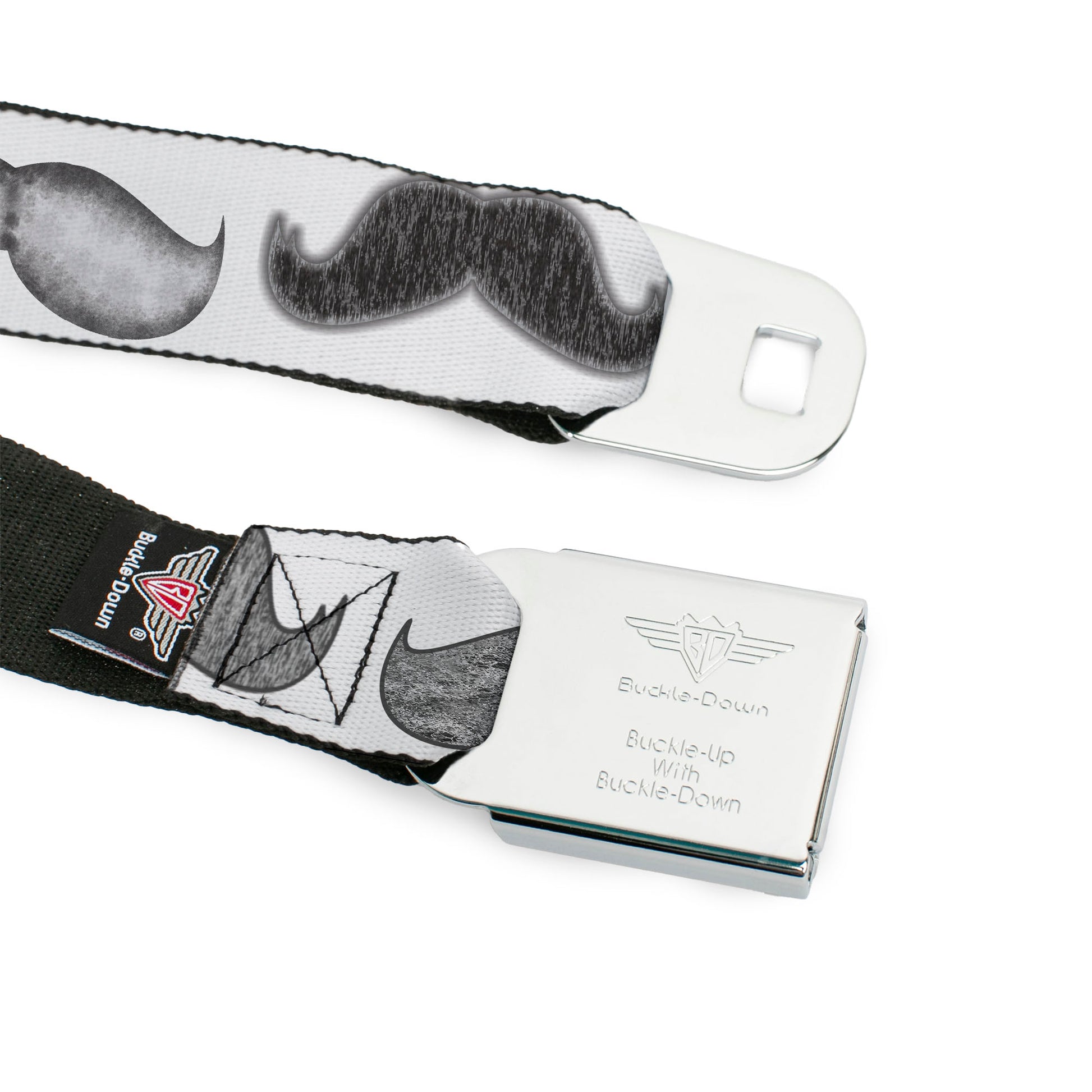 BD Wings Logo CLOSE-UP Full Color Black Silver Seatbelt Belt - Mustaches White/Sketch Webbing Seatbelt Belts Buckle-Down
