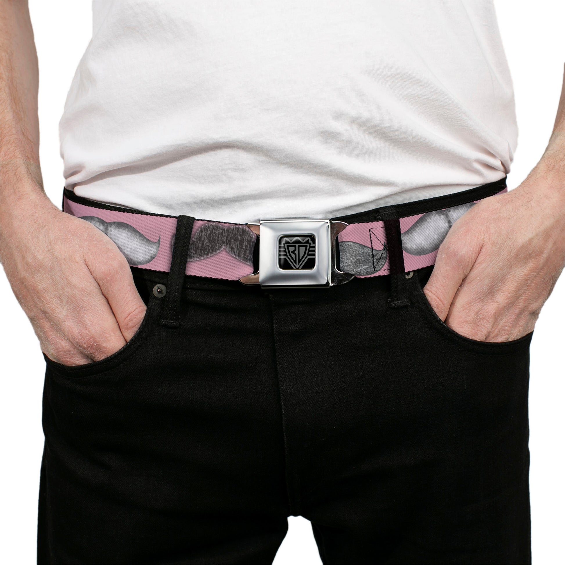 BD Wings Logo CLOSE-UP Full Color Black Silver Seatbelt Belt - Mustaches Pink/Sketch Webbing Seatbelt Belts Buckle-Down