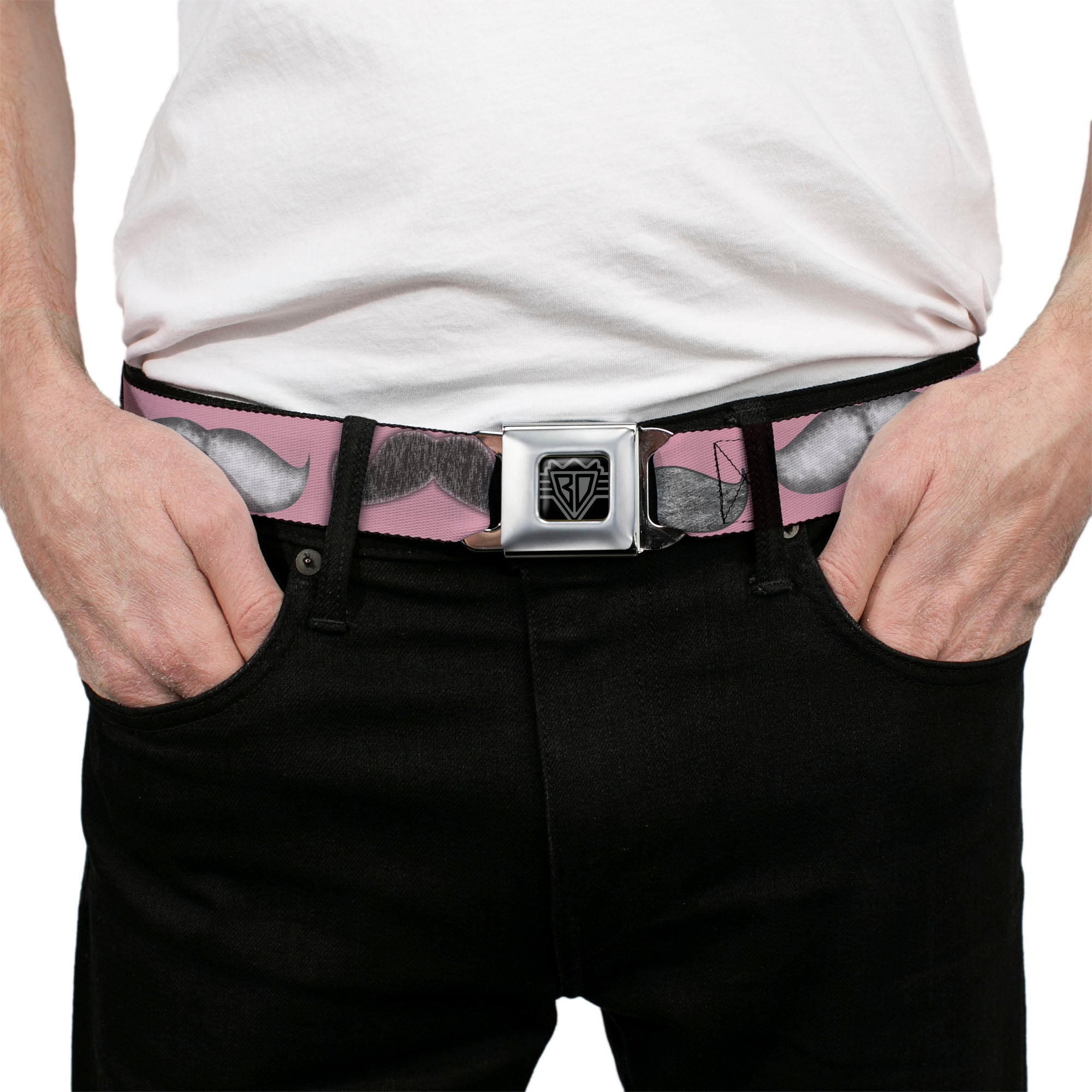 BD Wings Logo CLOSE-UP Full Color Black Silver Seatbelt Belt - Mustaches Pink/Sketch Webbing Seatbelt Belts Buckle-Down