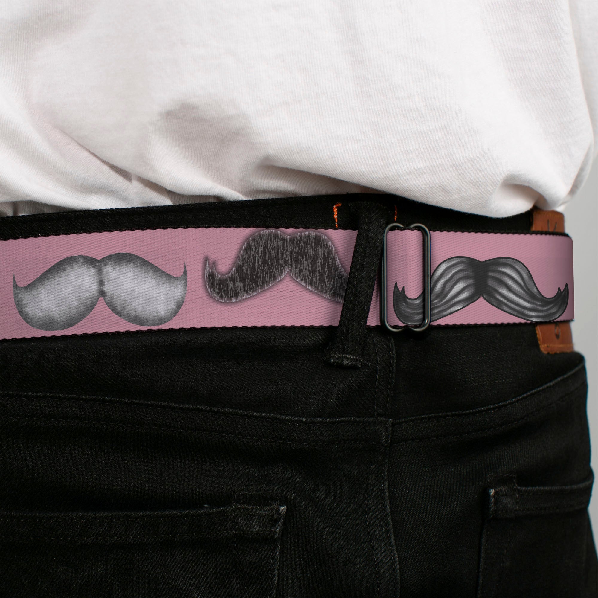 BD Wings Logo CLOSE-UP Full Color Black Silver Seatbelt Belt - Mustaches Pink/Sketch Webbing Seatbelt Belts Buckle-Down
