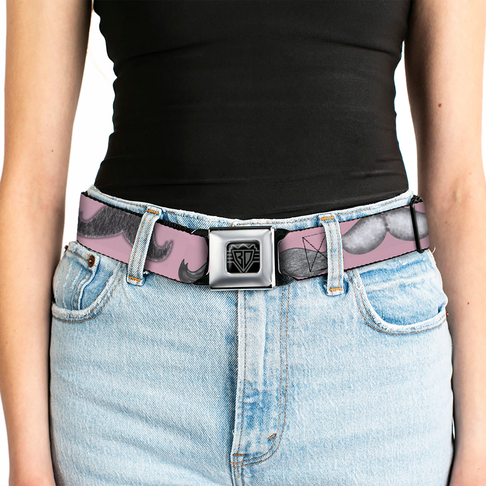 BD Wings Logo CLOSE-UP Full Color Black Silver Seatbelt Belt - Mustaches Pink/Sketch Webbing Seatbelt Belts Buckle-Down