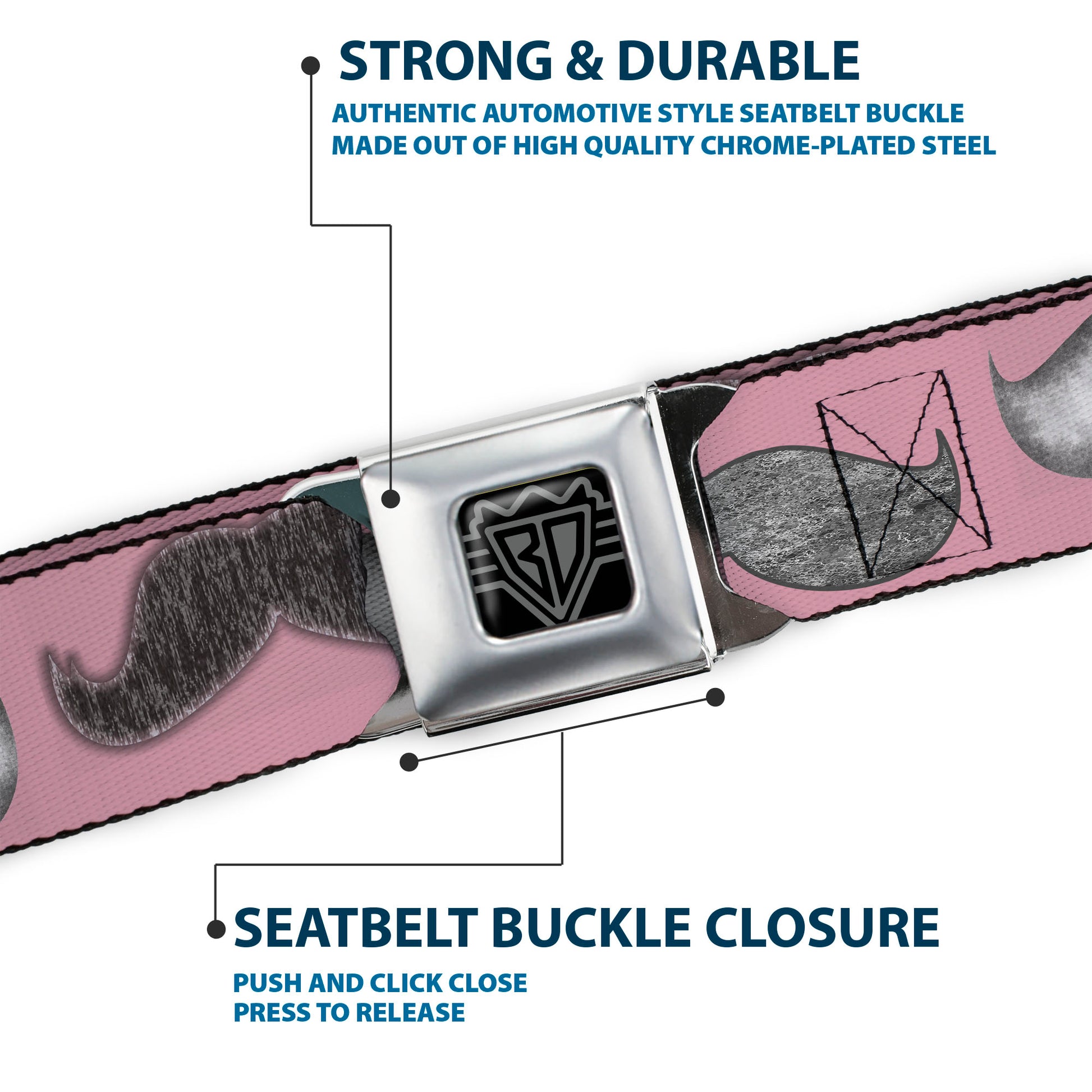 BD Wings Logo CLOSE-UP Full Color Black Silver Seatbelt Belt - Mustaches Pink/Sketch Webbing Seatbelt Belts Buckle-Down