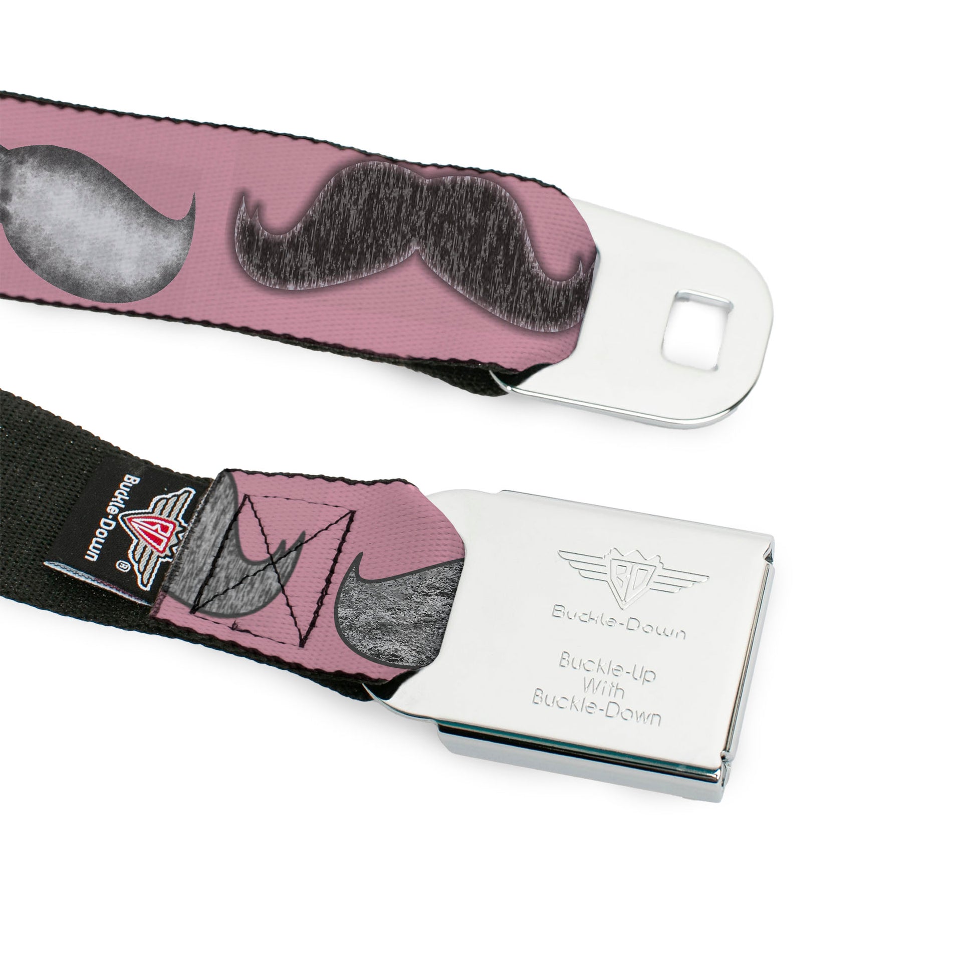 BD Wings Logo CLOSE-UP Full Color Black Silver Seatbelt Belt - Mustaches Pink/Sketch Webbing Seatbelt Belts Buckle-Down