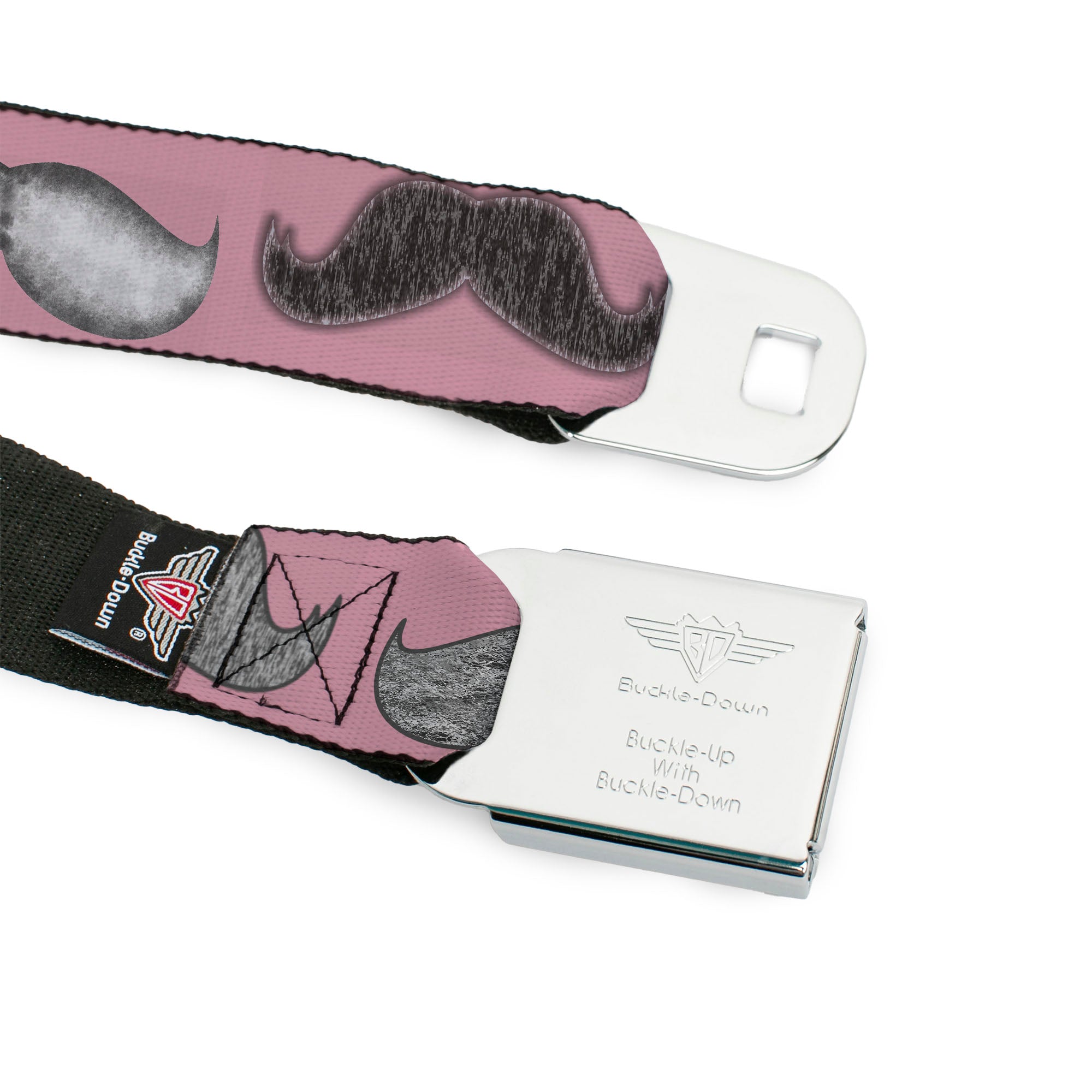 BD Wings Logo CLOSE-UP Full Color Black Silver Seatbelt Belt - Mustaches Pink/Sketch Webbing Seatbelt Belts Buckle-Down