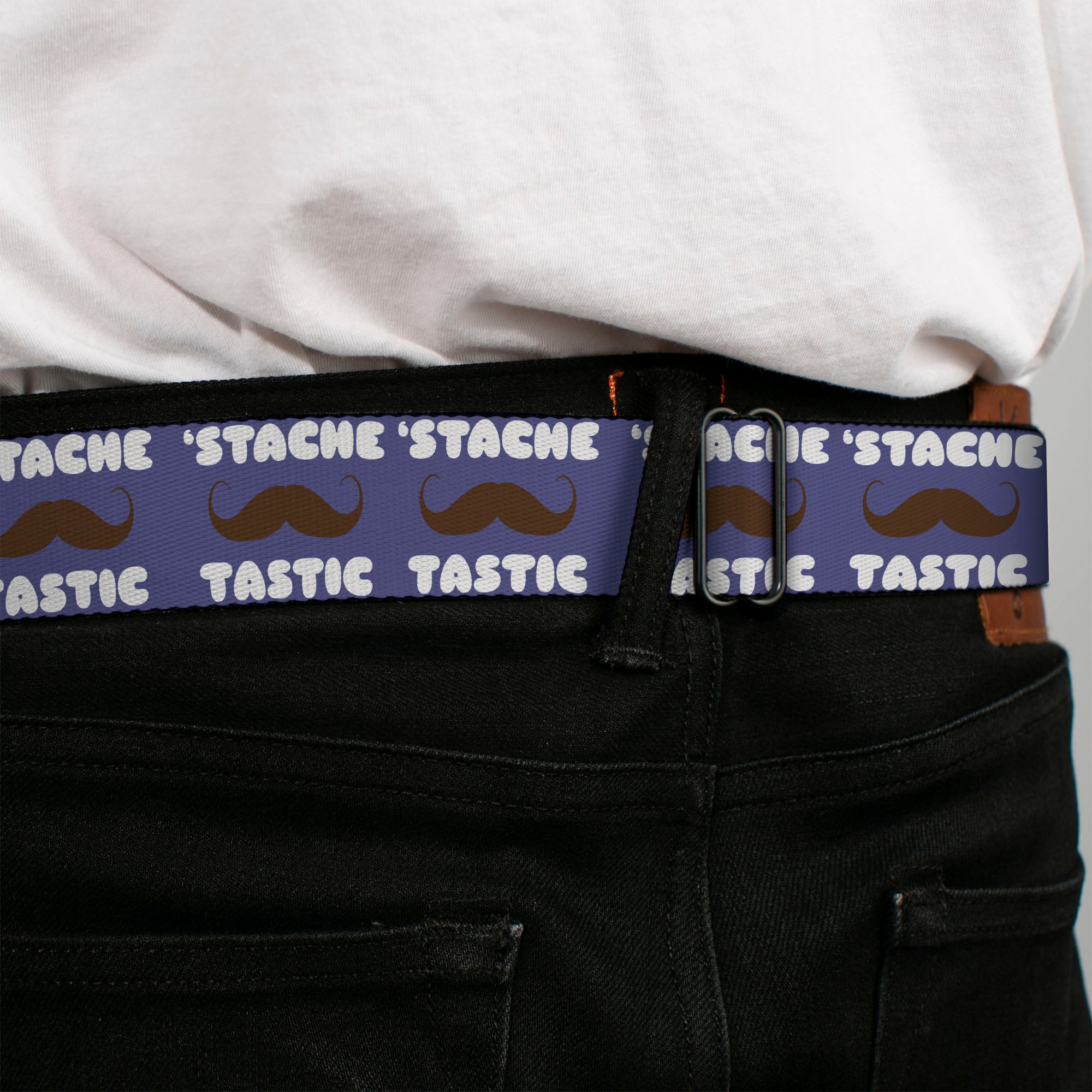 BD Wings Logo CLOSE-UP Full Color Black Silver Seatbelt Belt - Mustache 'Stache-Tastic Webbing Seatbelt Belts Buckle-Down