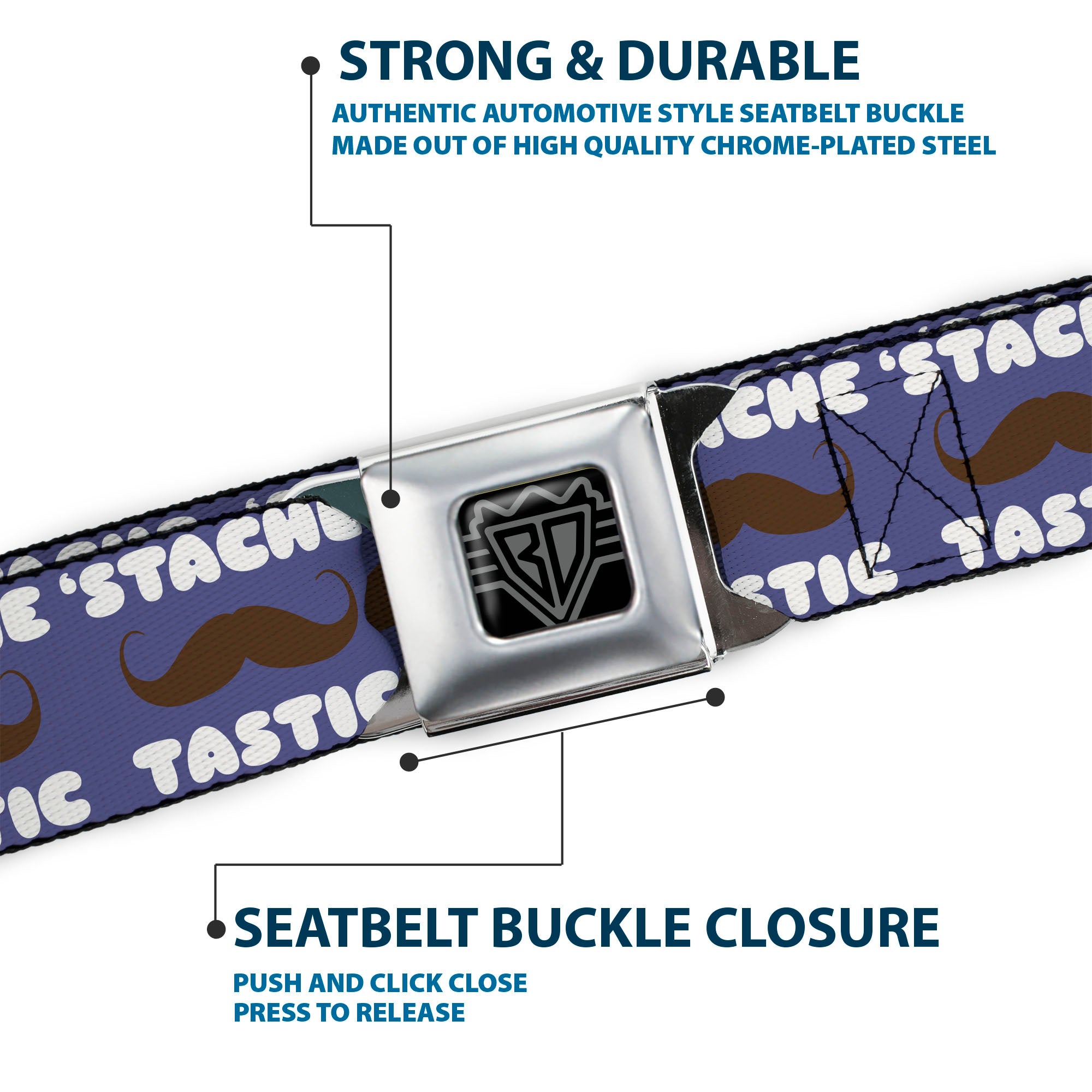 BD Wings Logo CLOSE-UP Full Color Black Silver Seatbelt Belt - Mustache 'Stache-Tastic Webbing Seatbelt Belts Buckle-Down