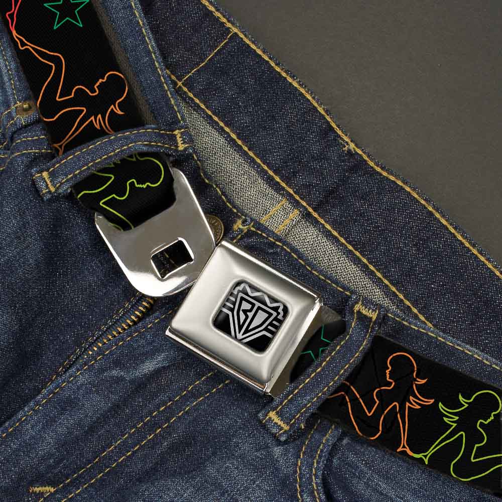 BD Wings Logo CLOSE-UP Full Color Black Silver Seatbelt Belt - Mud Flap Girls w/Star Outline Black/Multi Color Webbing Seatbelt Belts Buckle-Down