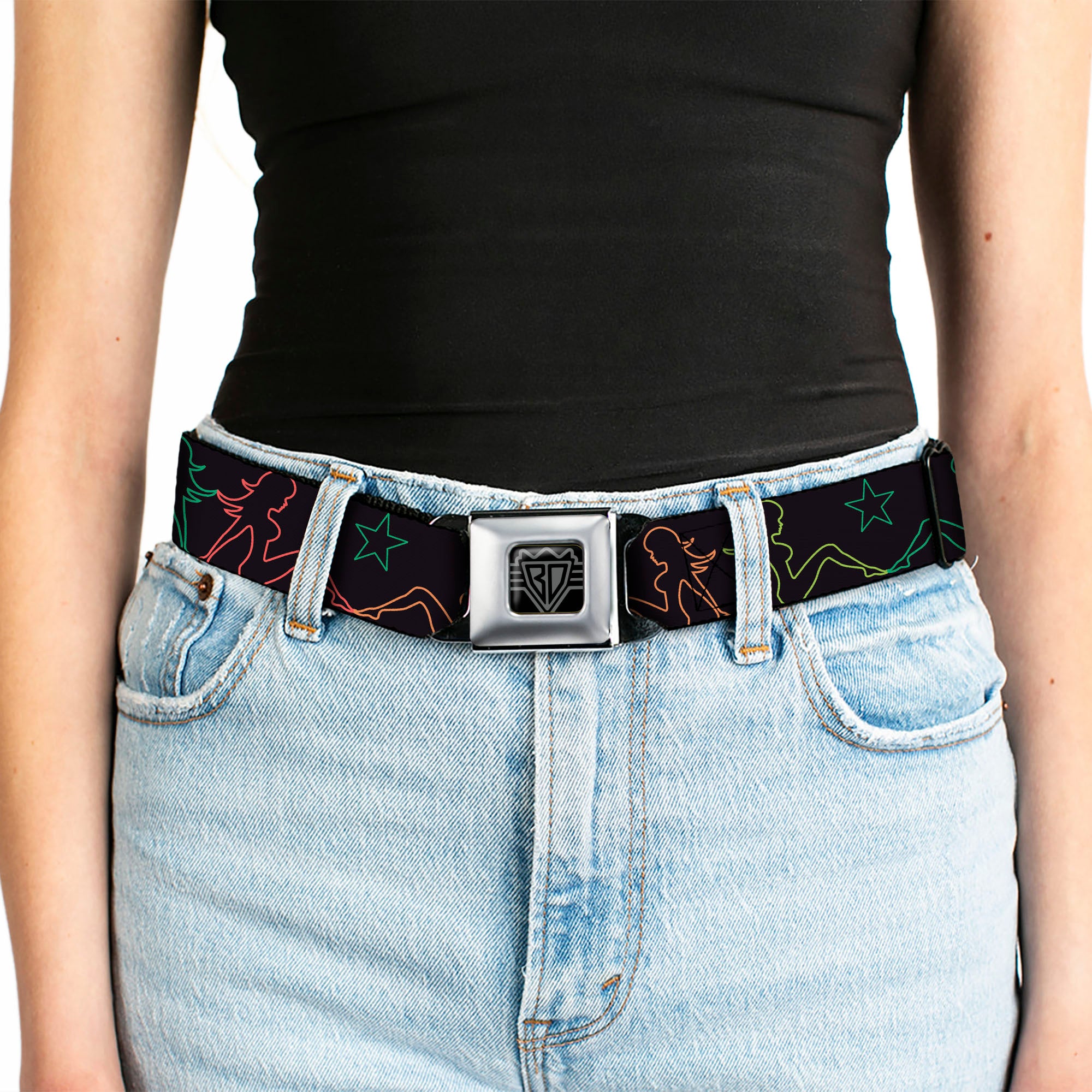 BD Wings Logo CLOSE-UP Full Color Black Silver Seatbelt Belt - Mud Flap Girls w/Star Outline Black/Multi Color Webbing Seatbelt Belts Buckle-Down