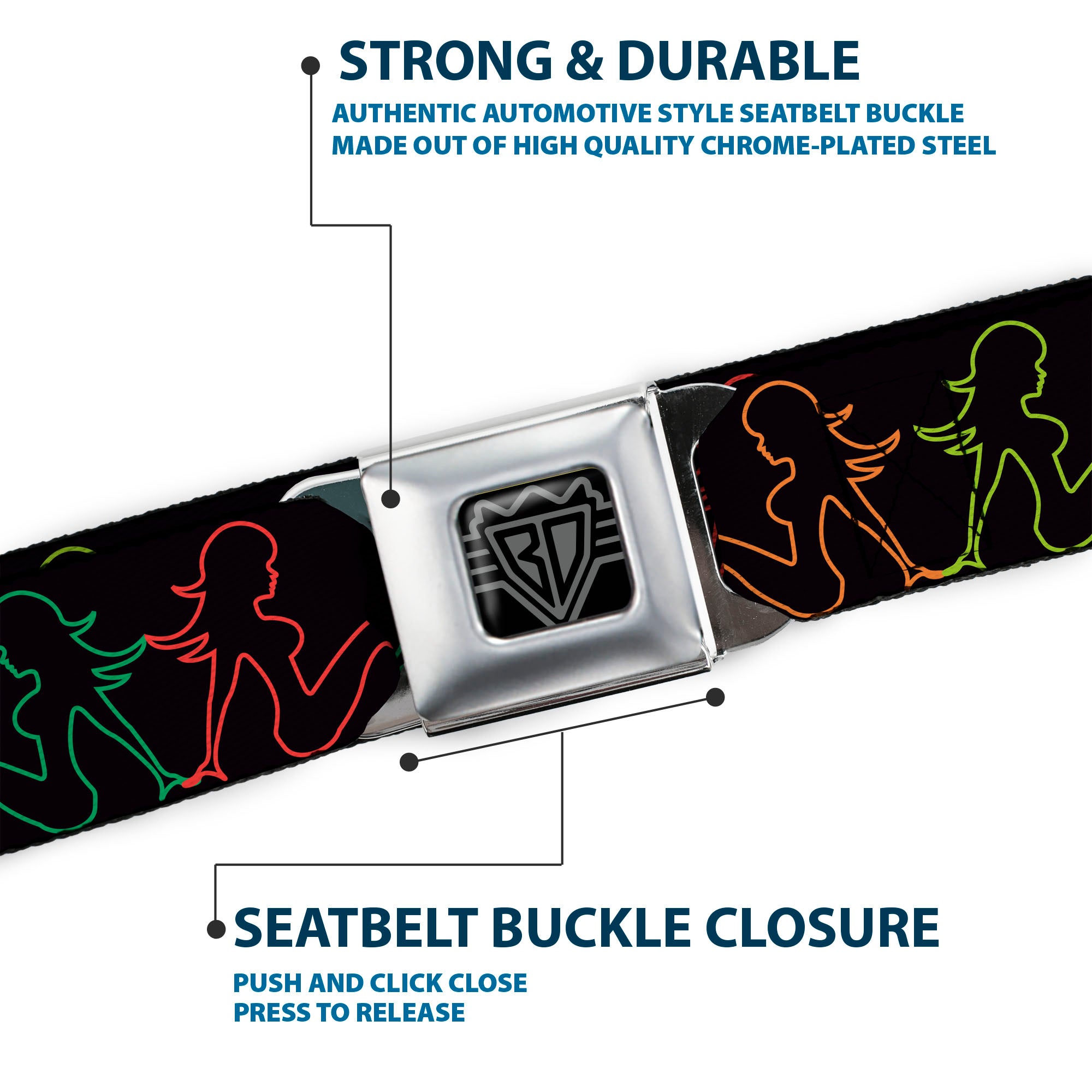 BD Wings Logo CLOSE-UP Full Color Black Silver Seatbelt Belt - Mud Flap Girls w/Star Outline Black/Multi Color Webbing Seatbelt Belts Buckle-Down