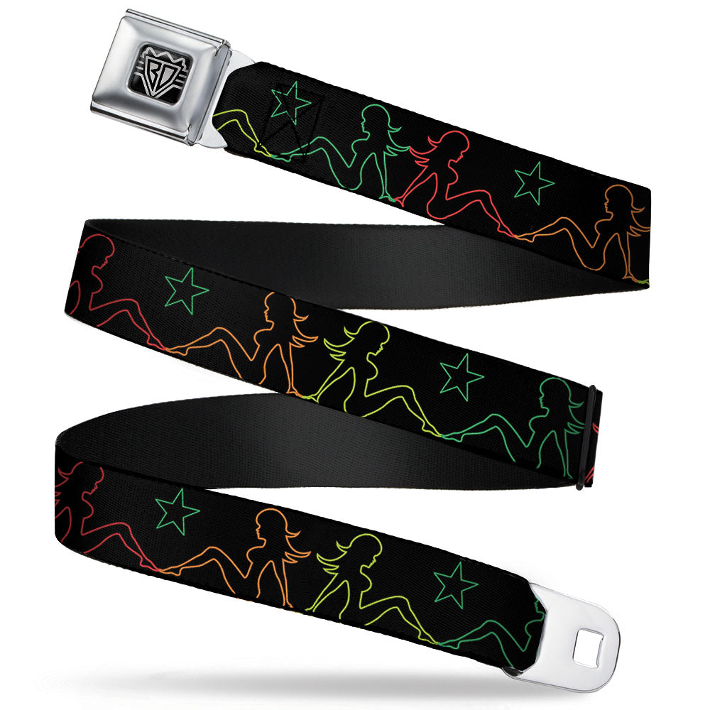 BD Wings Logo CLOSE-UP Full Color Black Silver Seatbelt Belt - Mud Flap Girls w/Star Outline Black/Multi Color Webbing Seatbelt Belts Buckle-Down