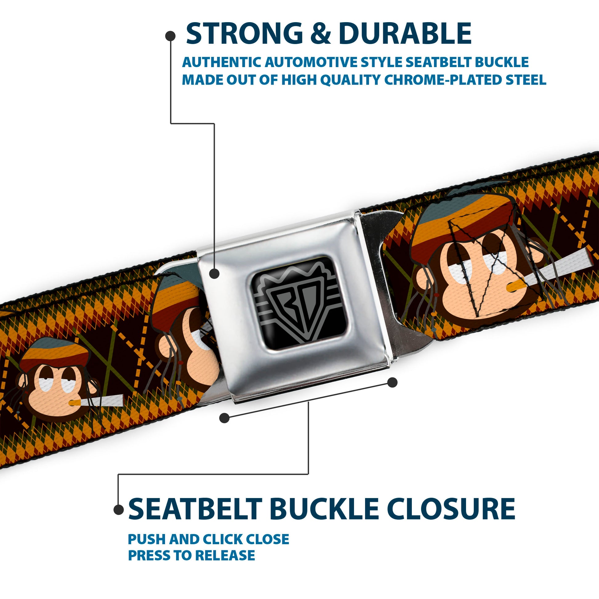 BD Wings Logo CLOSE-UP Full Color Black Silver Seatbelt Belt - Multi Smoking Monkey Argyle Brown Webbing Seatbelt Belts Buckle-Down