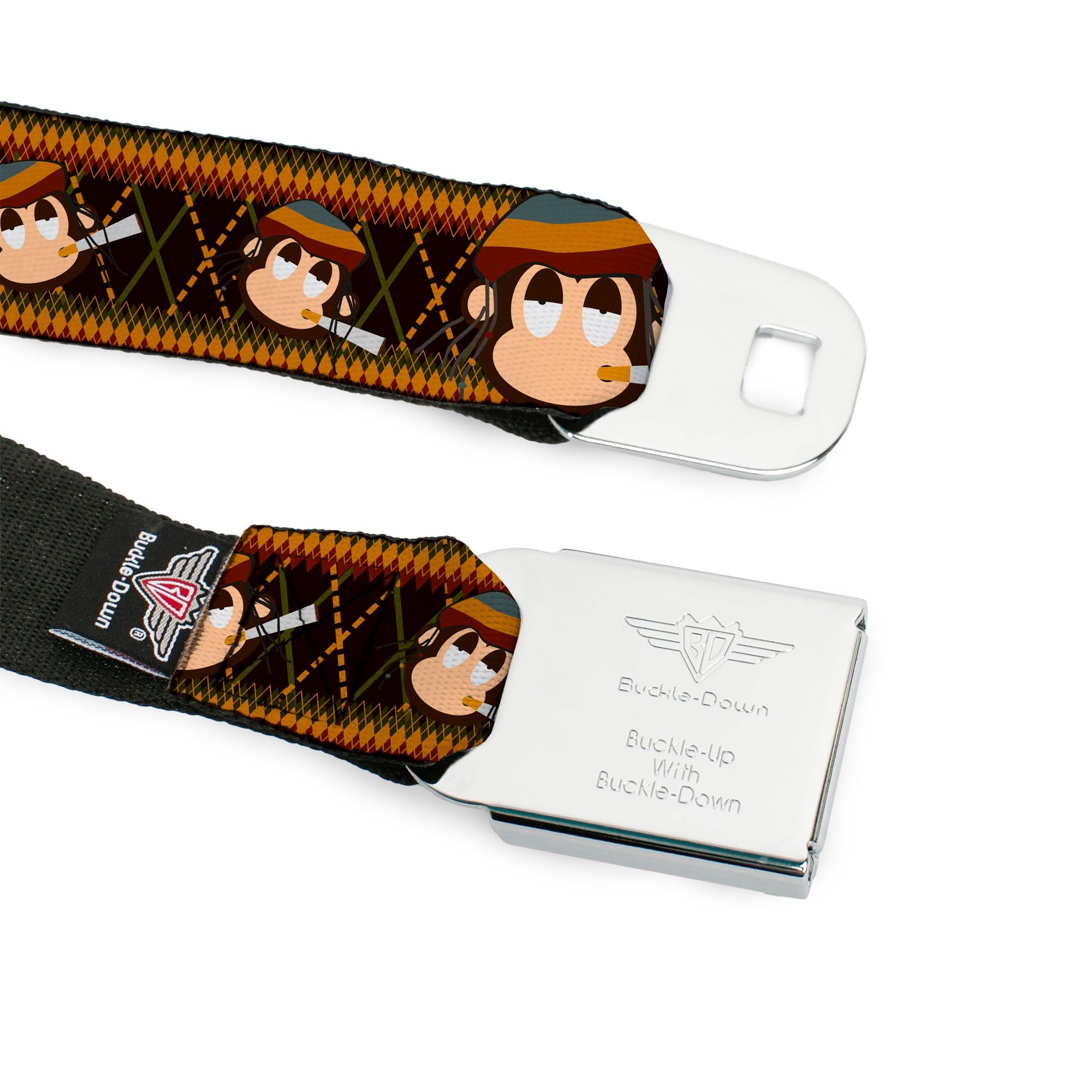 BD Wings Logo CLOSE-UP Full Color Black Silver Seatbelt Belt - Multi Smoking Monkey Argyle Brown Webbing Seatbelt Belts Buckle-Down