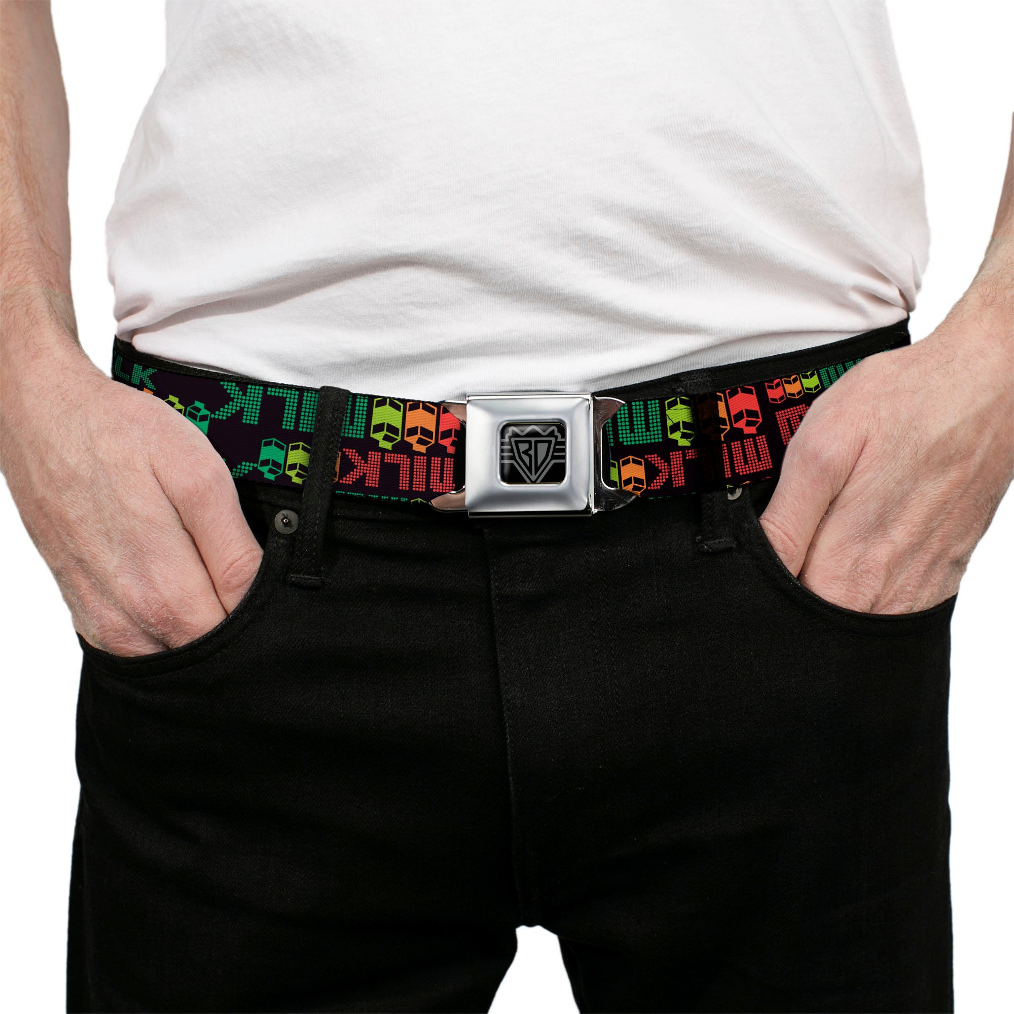 BD Wings Logo CLOSE-UP Full Color Black Silver Seatbelt Belt - MILK/Cartoons Black/Multi Color Webbing Seatbelt Belts Buckle-Down