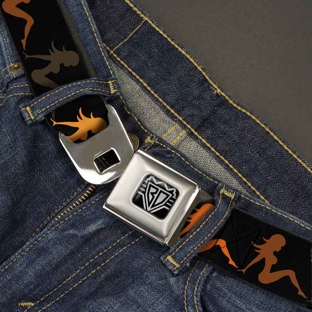 BD Wings Logo CLOSE-UP Full Color Black Silver Seatbelt Belt - Mud Flap Girl Repeat Black/Orange Fade Webbing Seatbelt Belts Buckle-Down
