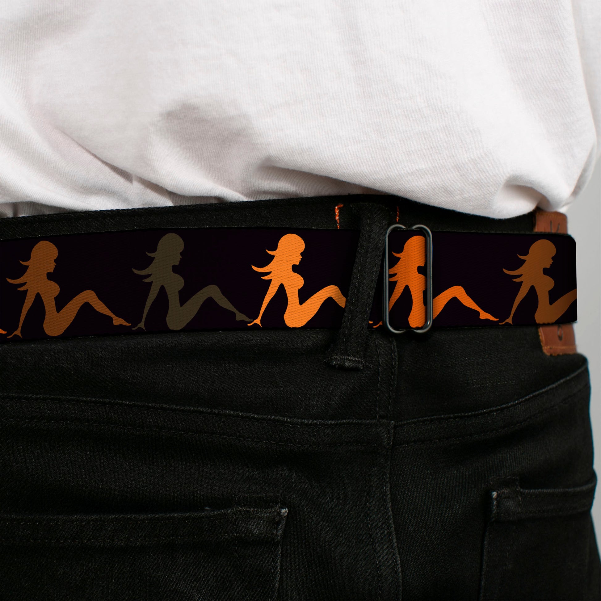 BD Wings Logo CLOSE-UP Full Color Black Silver Seatbelt Belt - Mud Flap Girl Repeat Black/Orange Fade Webbing Seatbelt Belts Buckle-Down