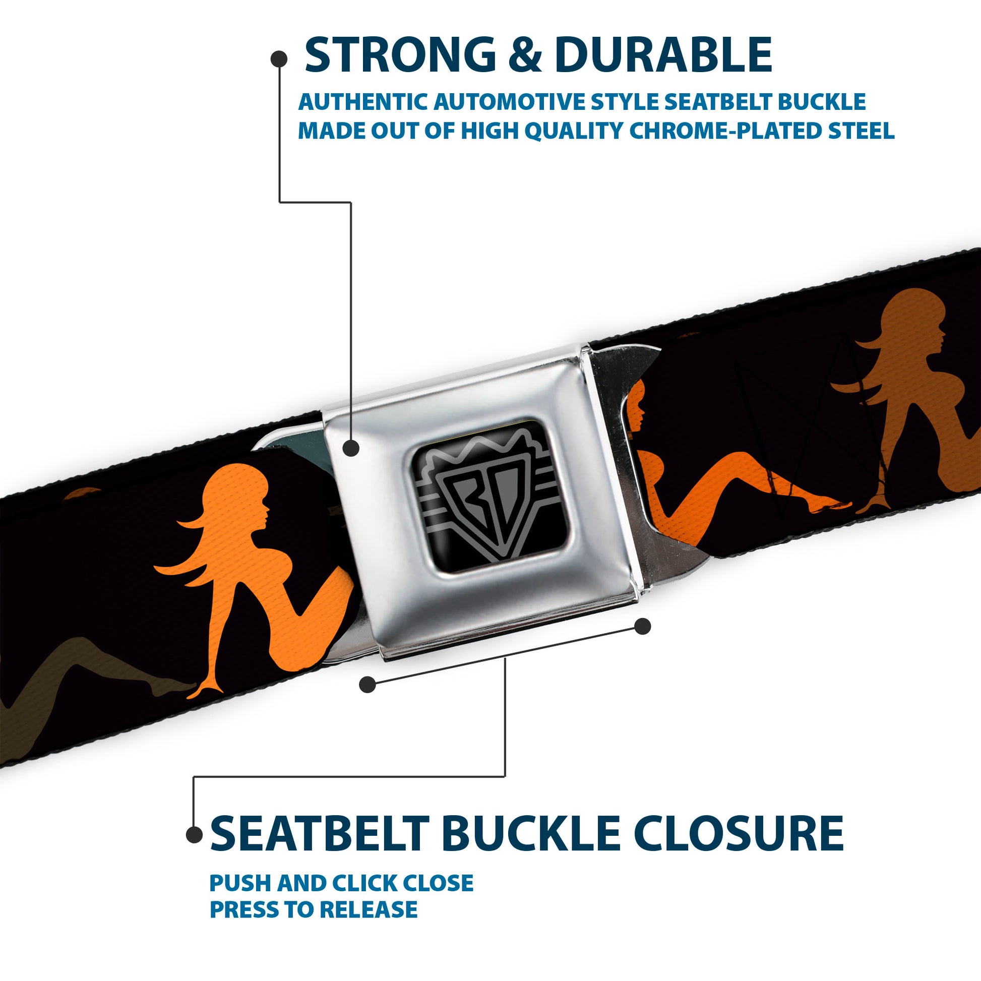 BD Wings Logo CLOSE-UP Full Color Black Silver Seatbelt Belt - Mud Flap Girl Repeat Black/Orange Fade Webbing Seatbelt Belts Buckle-Down