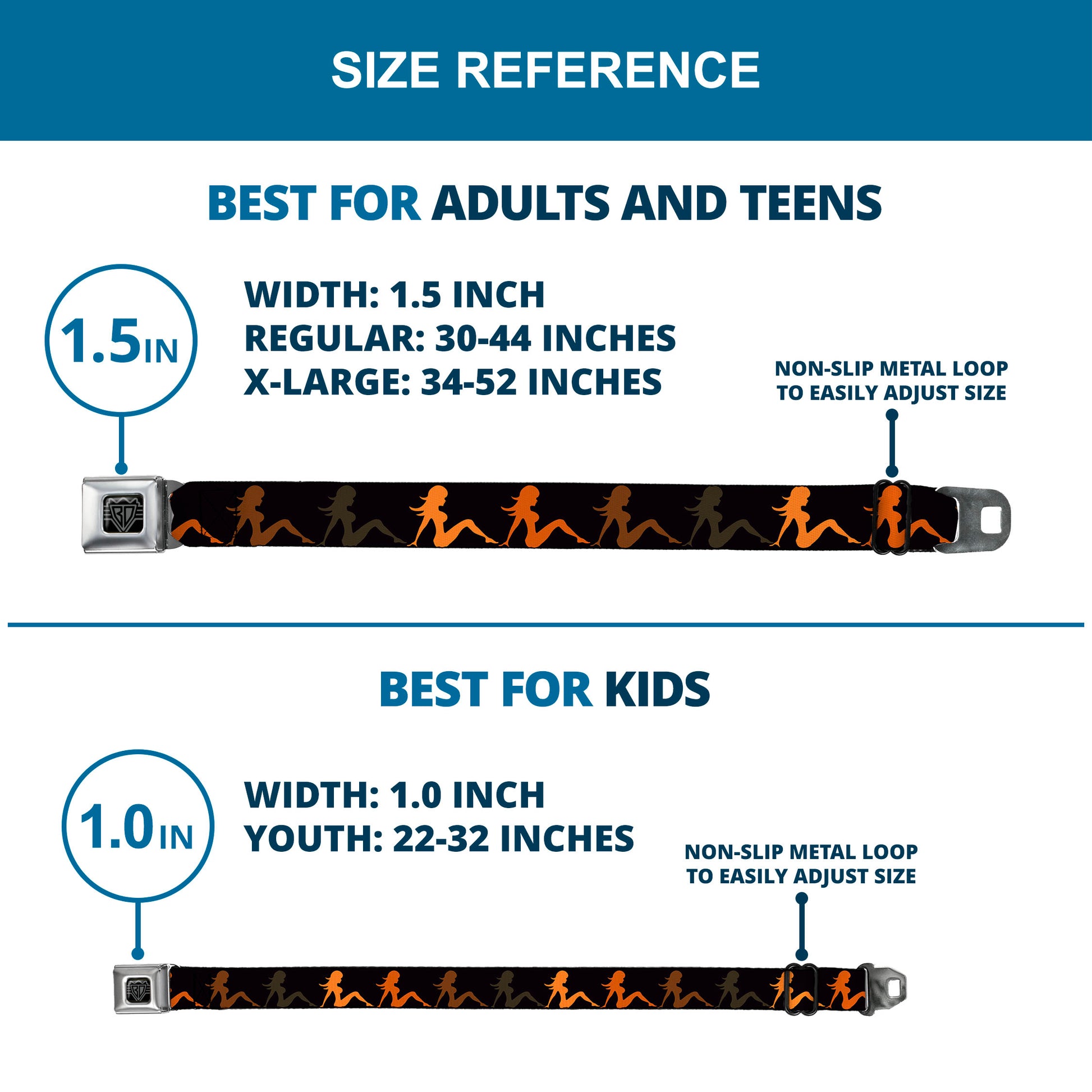 BD Wings Logo CLOSE-UP Full Color Black Silver Seatbelt Belt - Mud Flap Girl Repeat Black/Orange Fade Webbing Seatbelt Belts Buckle-Down