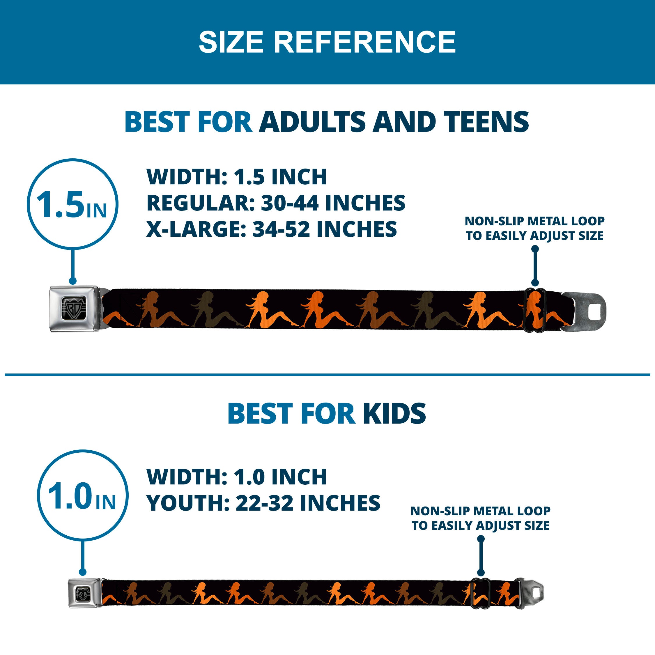 BD Wings Logo CLOSE-UP Full Color Black Silver Seatbelt Belt - Mud Flap Girl Repeat Black/Orange Fade Webbing Seatbelt Belts Buckle-Down