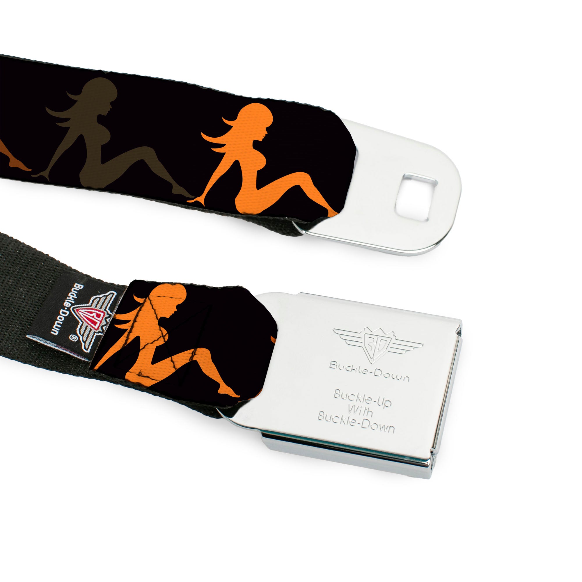 BD Wings Logo CLOSE-UP Full Color Black Silver Seatbelt Belt - Mud Flap Girl Repeat Black/Orange Fade Webbing Seatbelt Belts Buckle-Down