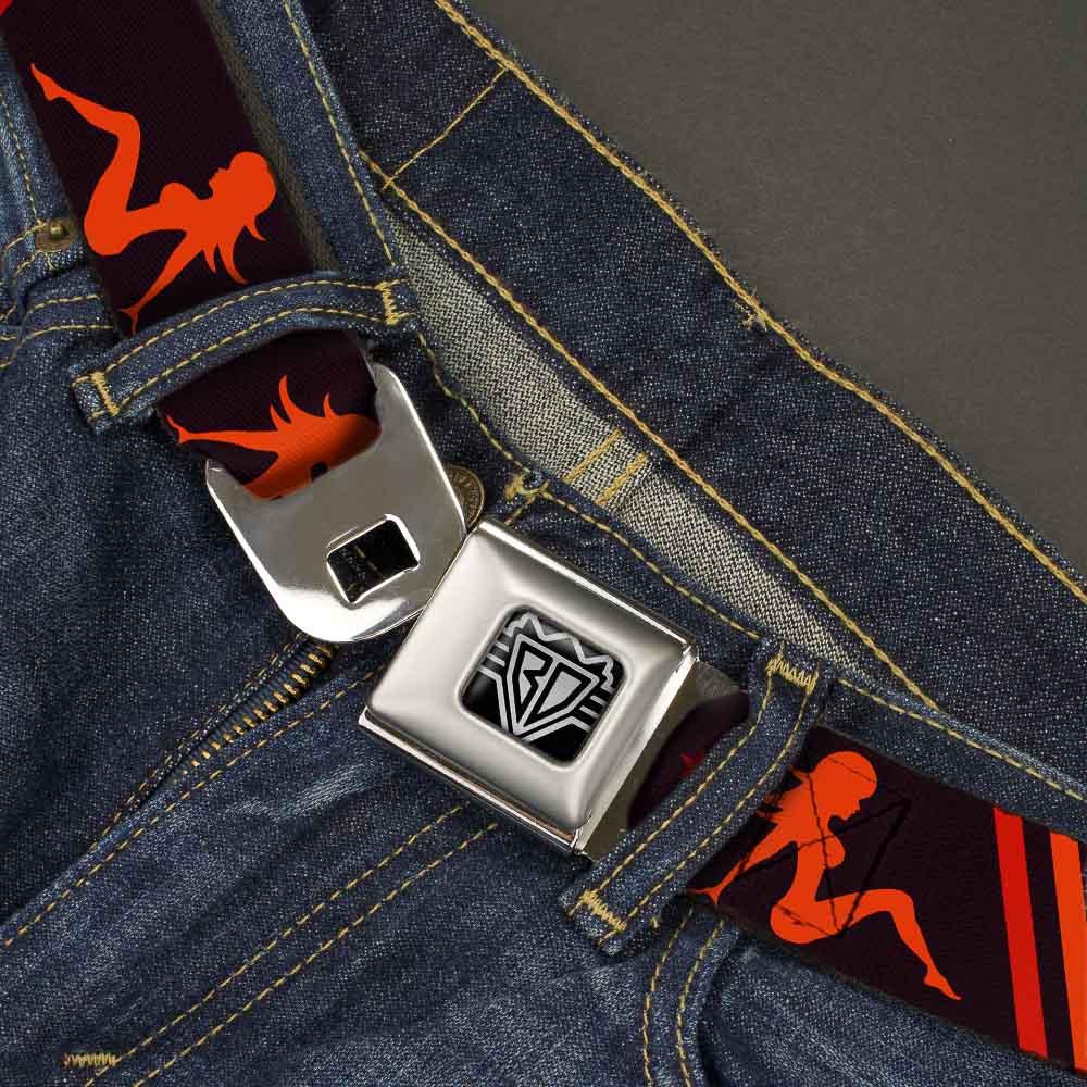 BD Wings Logo CLOSE-UP Full Color Black Silver Seatbelt Belt - Mud Flap Girls w/Stripes Black/Red/Orange Webbing Seatbelt Belts Buckle-Down