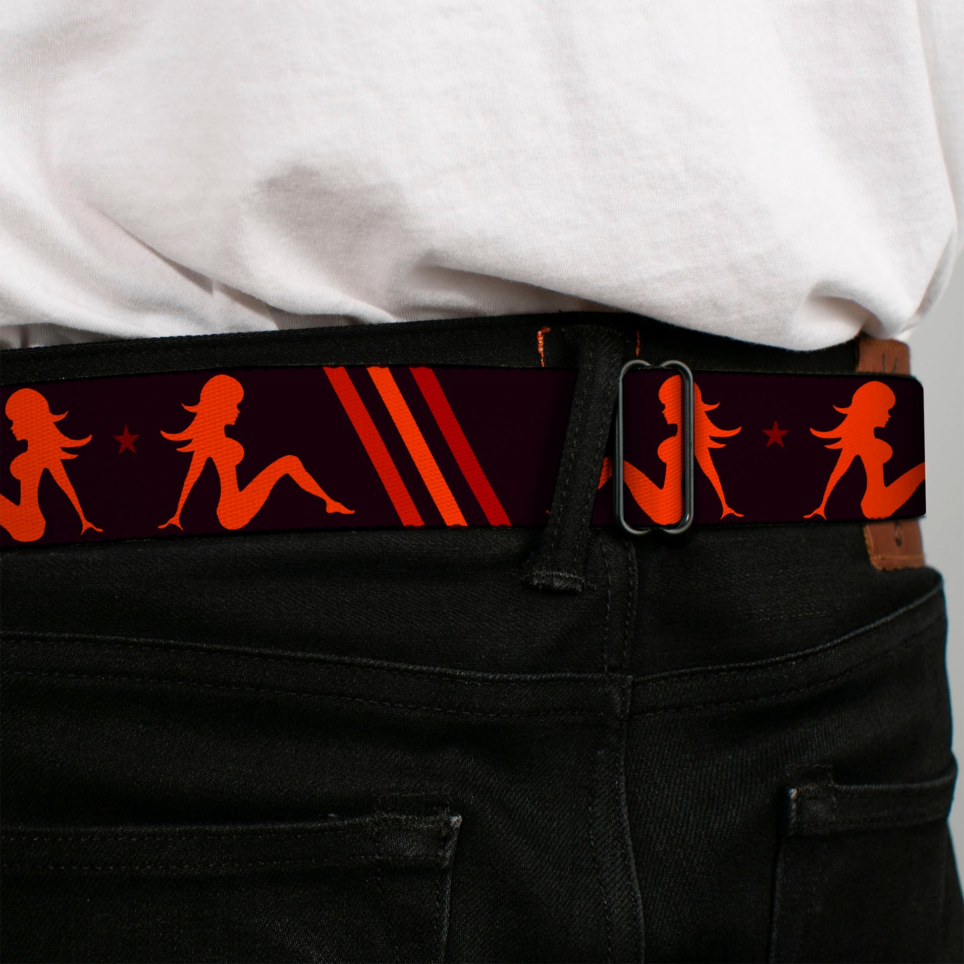 BD Wings Logo CLOSE-UP Full Color Black Silver Seatbelt Belt - Mud Flap Girls w/Stripes Black/Red/Orange Webbing Seatbelt Belts Buckle-Down