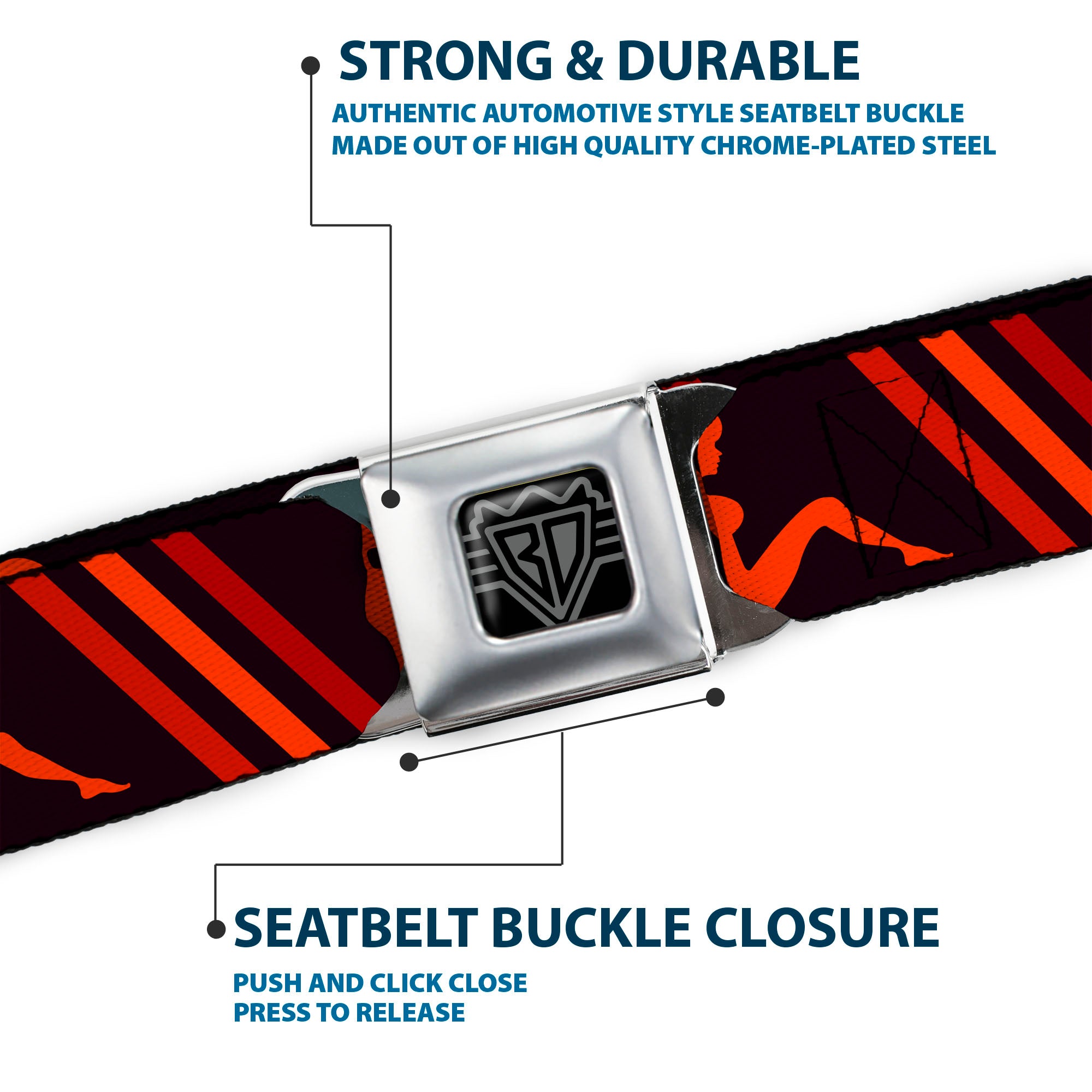 BD Wings Logo CLOSE-UP Full Color Black Silver Seatbelt Belt - Mud Flap Girls w/Stripes Black/Red/Orange Webbing Seatbelt Belts Buckle-Down